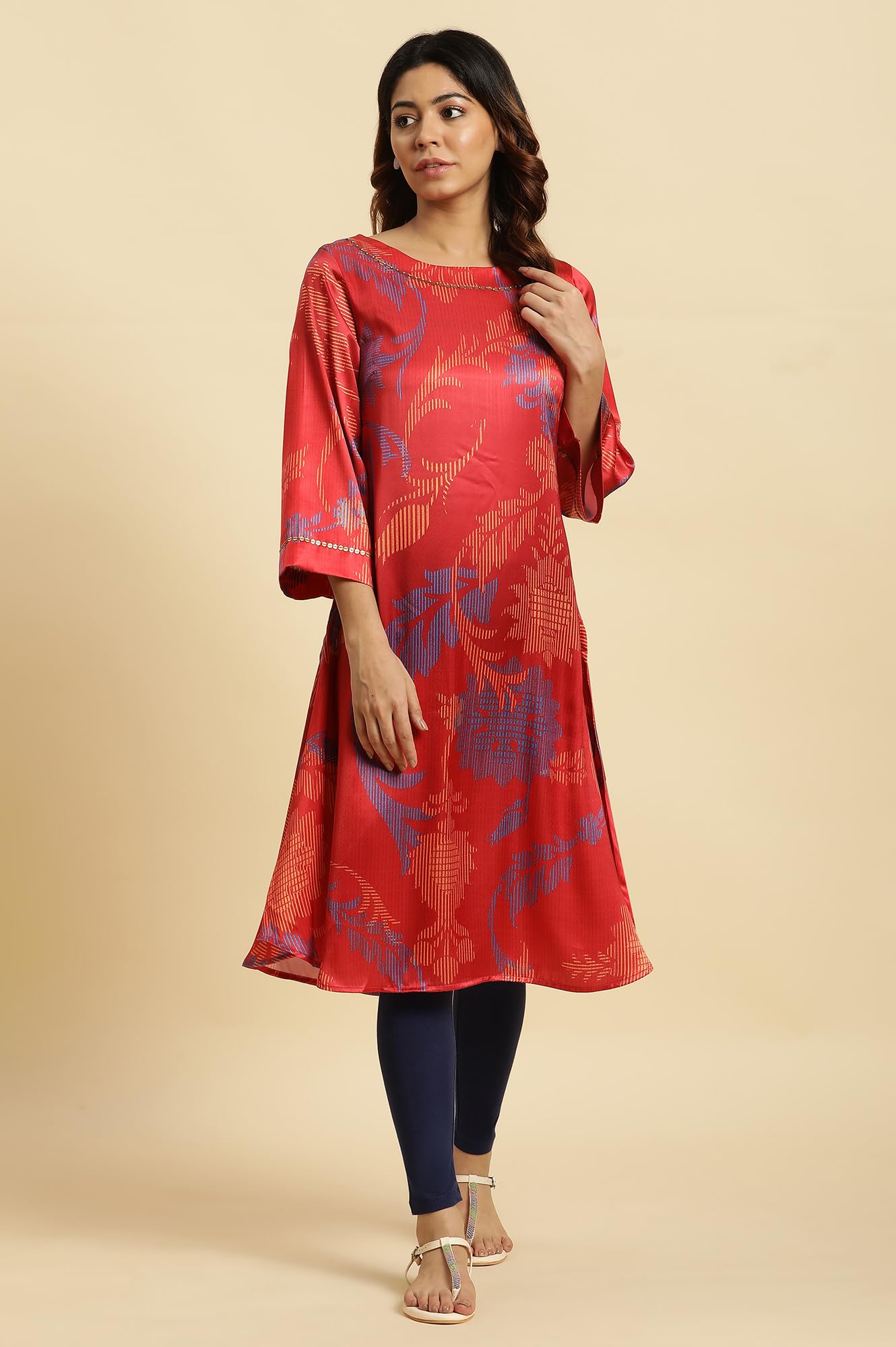 W for Woman Women's Satin Regular Fit Bold Floral Printed A-Line Kurta