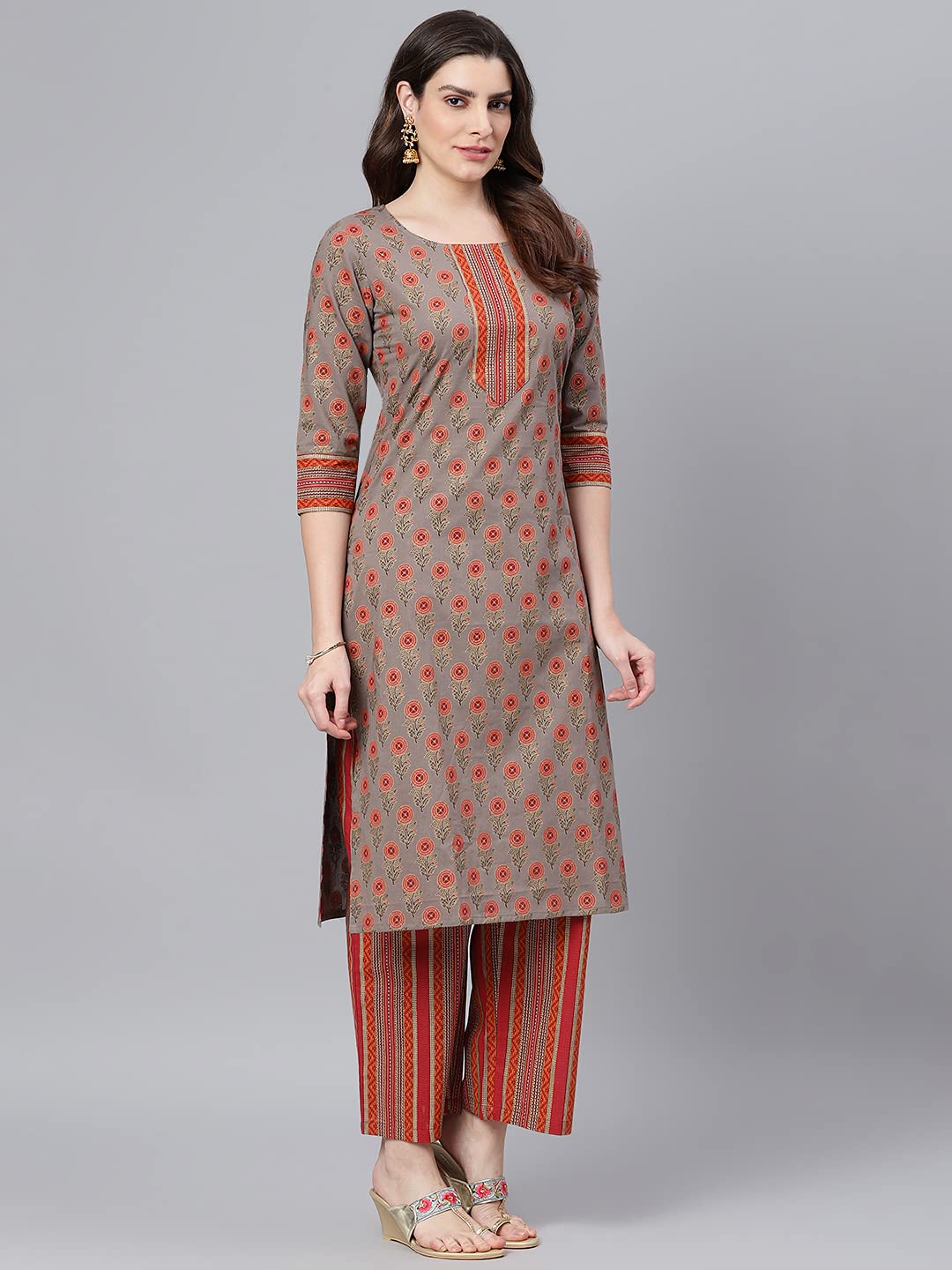 idaLia Women's Boota Printed Cotton Kurta Set with Stripes Palazzo Pant and Dupatta for Women