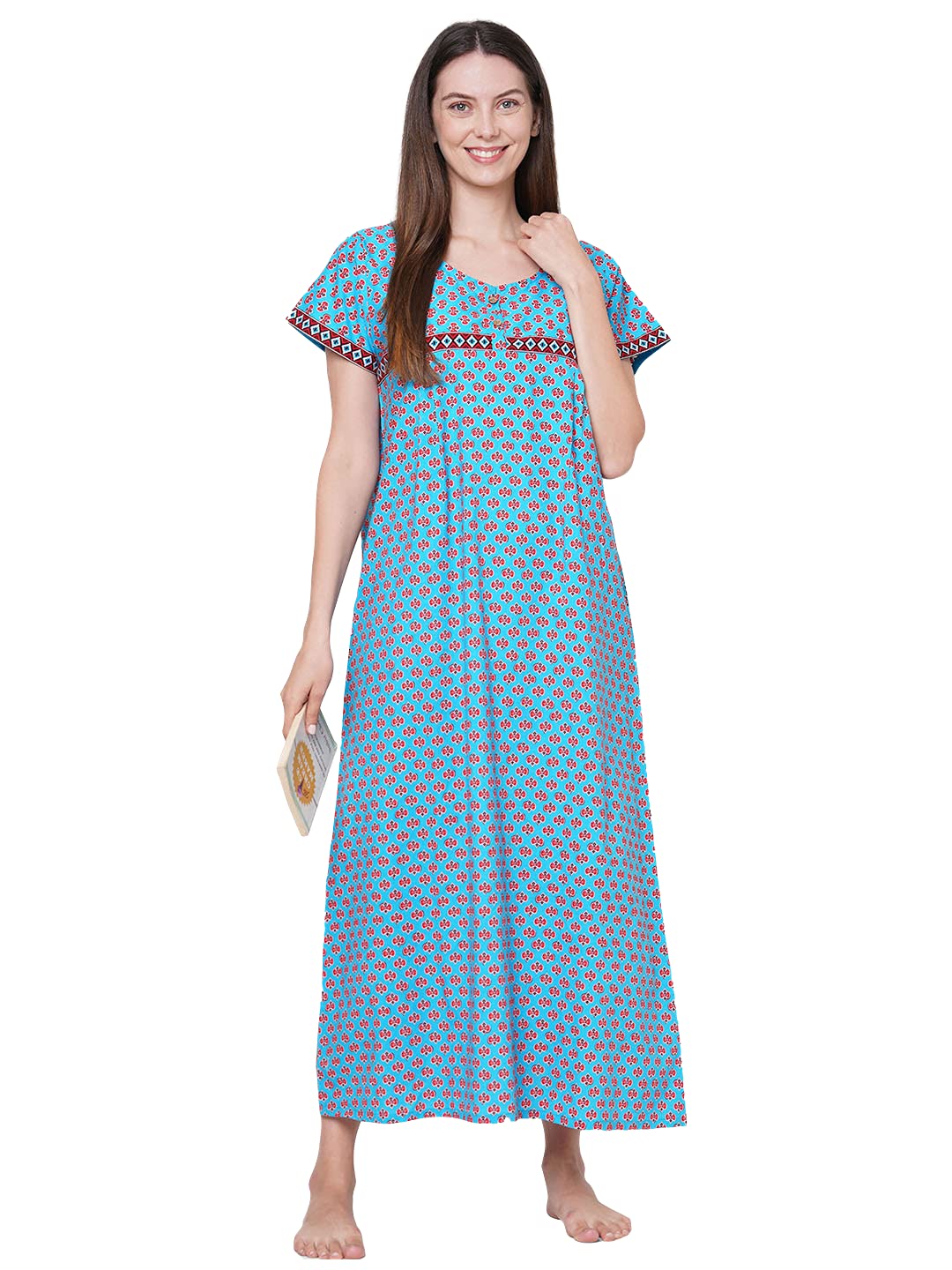 Evolove WomenS Cotton Long Maxi Night Gown Nighty Dress With Pocket & Stylish Button, Super Soft Comfortable (Rich Turquoise, L