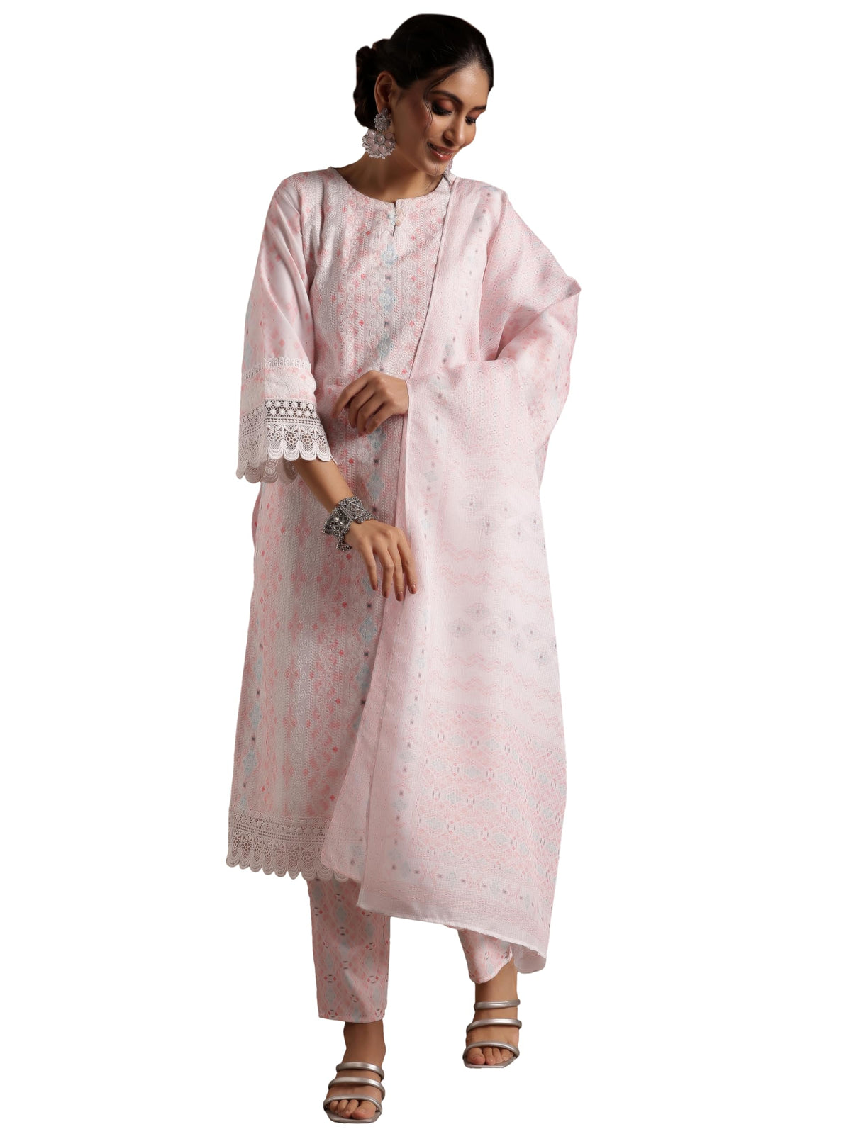 Libas Womens Embroidered Cotton Blend Straight Kurta With Palazzos And Dupatta