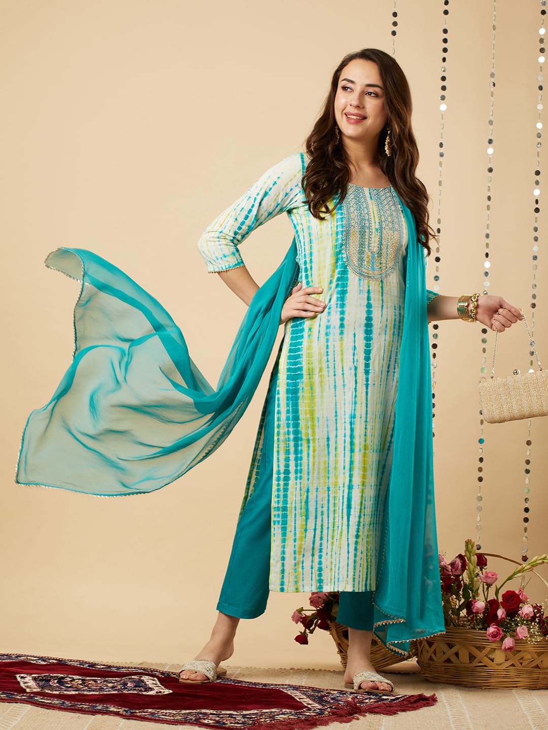 GoSriKi Women's Cotton Blend Kurti Pant Dupatta Set Combo Pack of 2