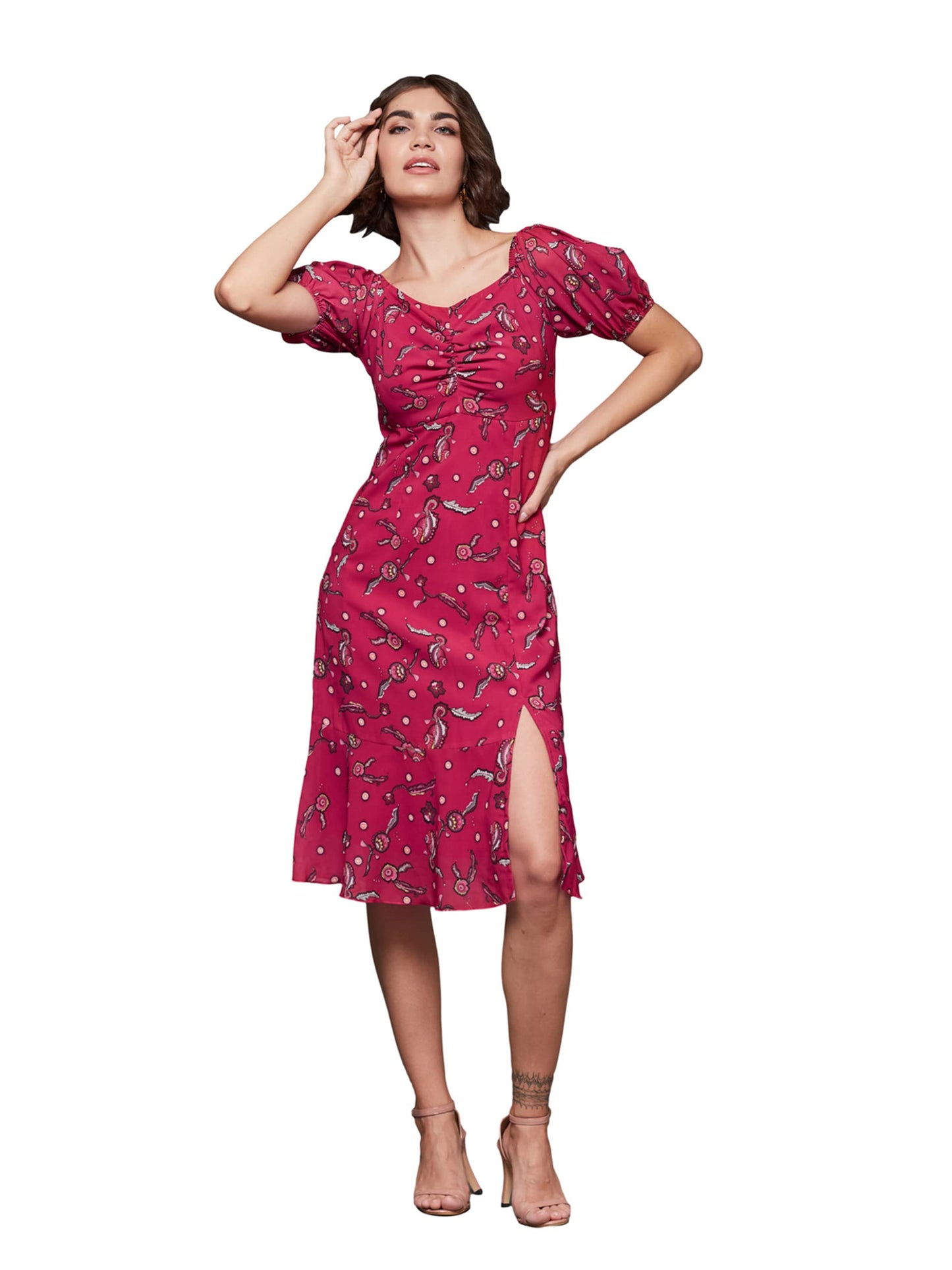 Miss Chase WomenS Half Sleeve Floral Fit & Flare Midi Dress With Pockets (Mcss24D97-48-251-06, Multicolored Base Dark Pink, Xl)