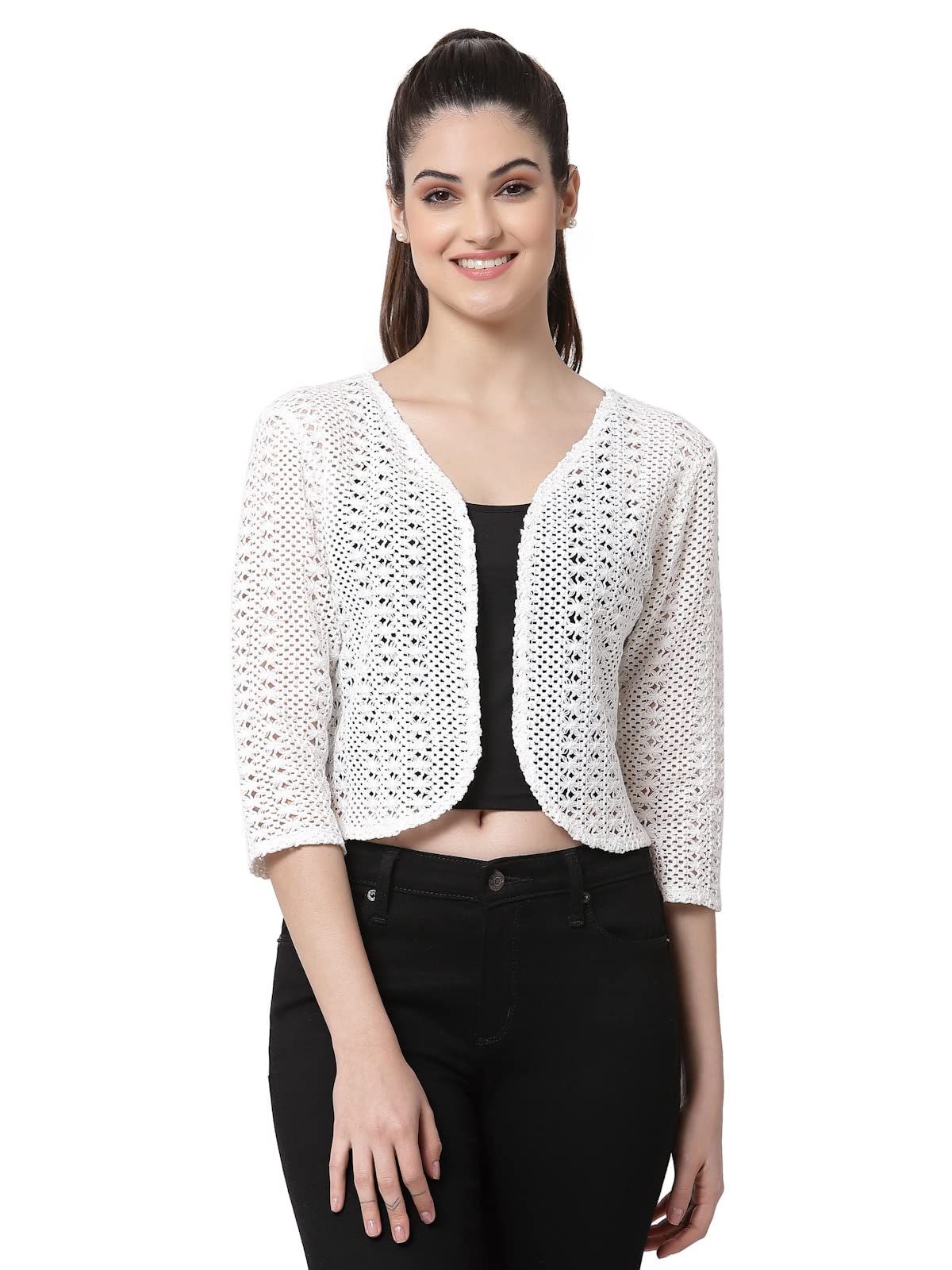 Style Quotient Women White Cotton self Design lace Crop Open Front Shrug