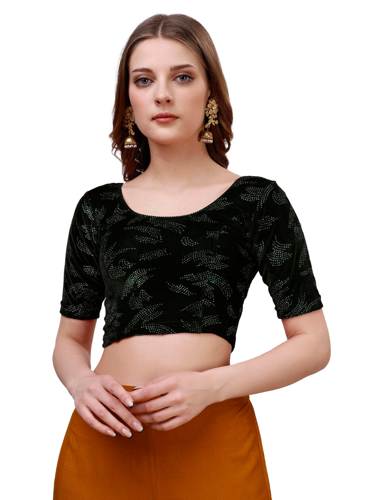 Pujia Mills Womens Readymade Hosiery Velvet Lycra Stretchable Round Neck Half Sleeve Blouse Fancy Black Color Lycra Stretchable