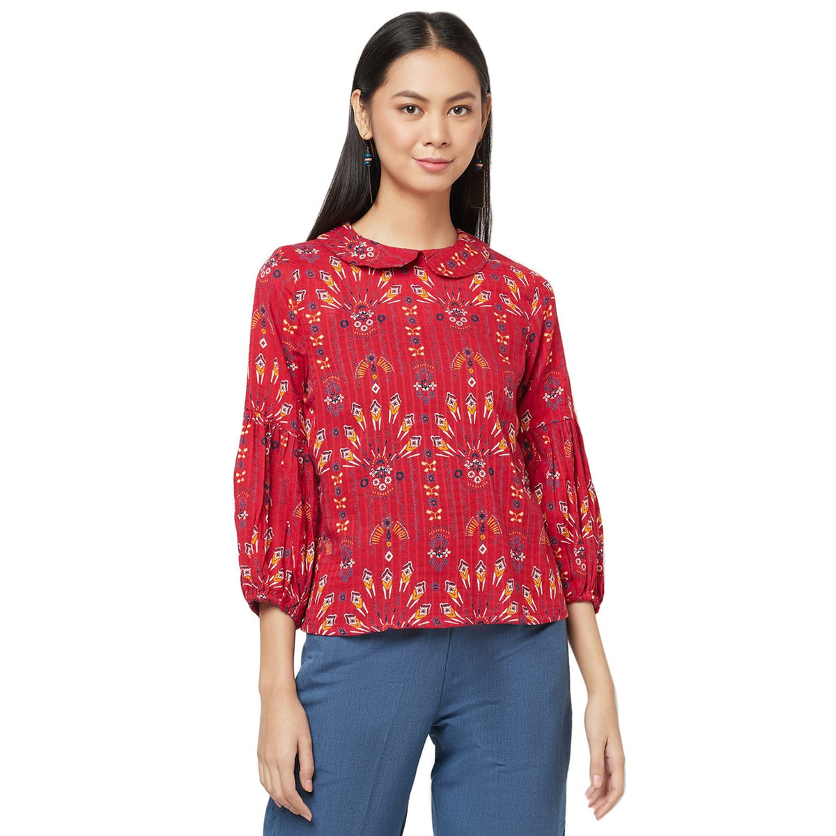 Fabindia Women Cotton Geometric Top Red_M