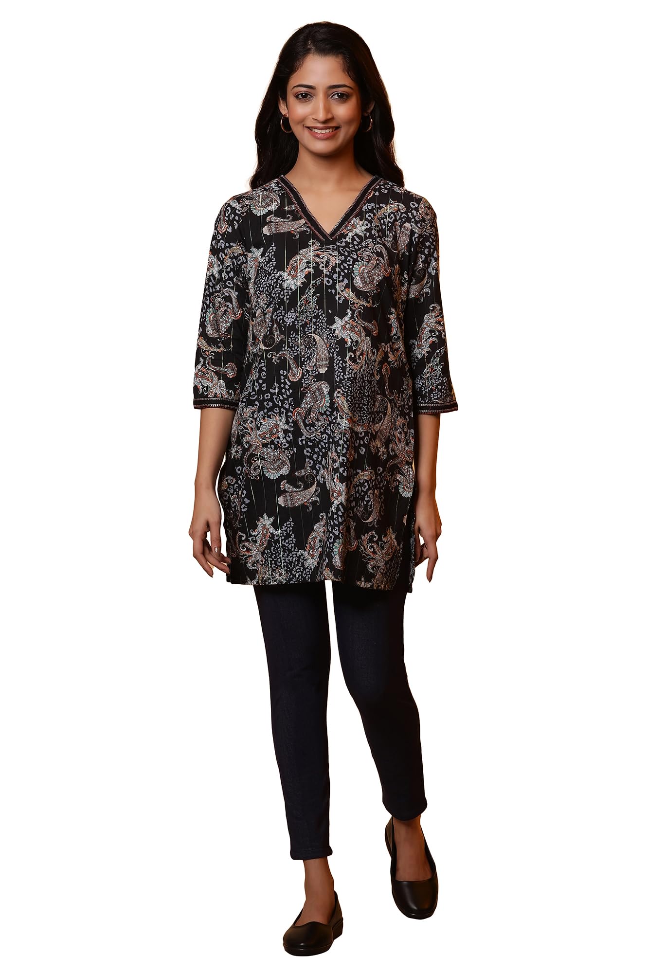 Black Floral Printed Kurti (Size: XL)-23AUA30402-507446