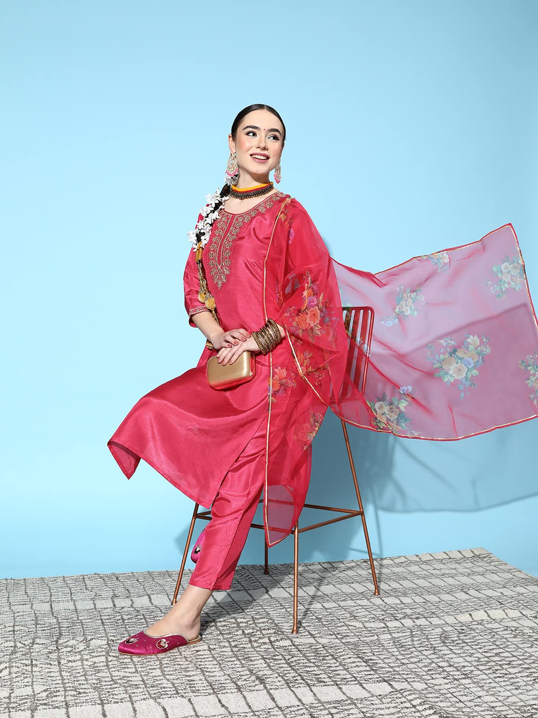 ishin Women's Pink Yoke Design A-Line Kurta with Toruser & Dupatta