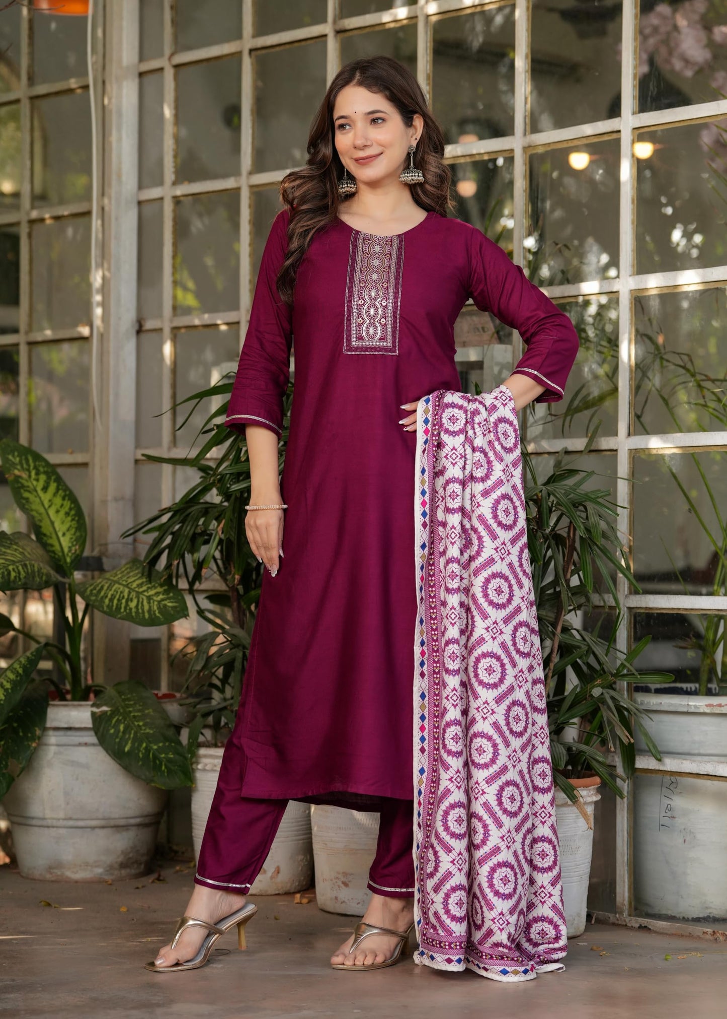 Wedani Women's Embroidered Kurta Set with Dupatta - Burgundy, Medium, Model E6452