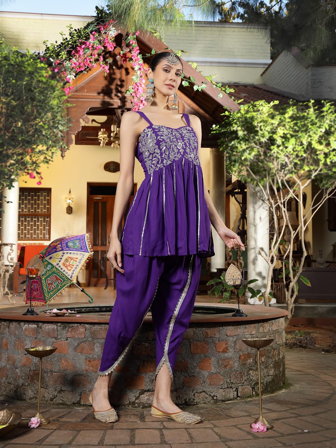 Stylum Womens Solid & Embroidered Rayon A-Line Kurti Dhoti Pant Set