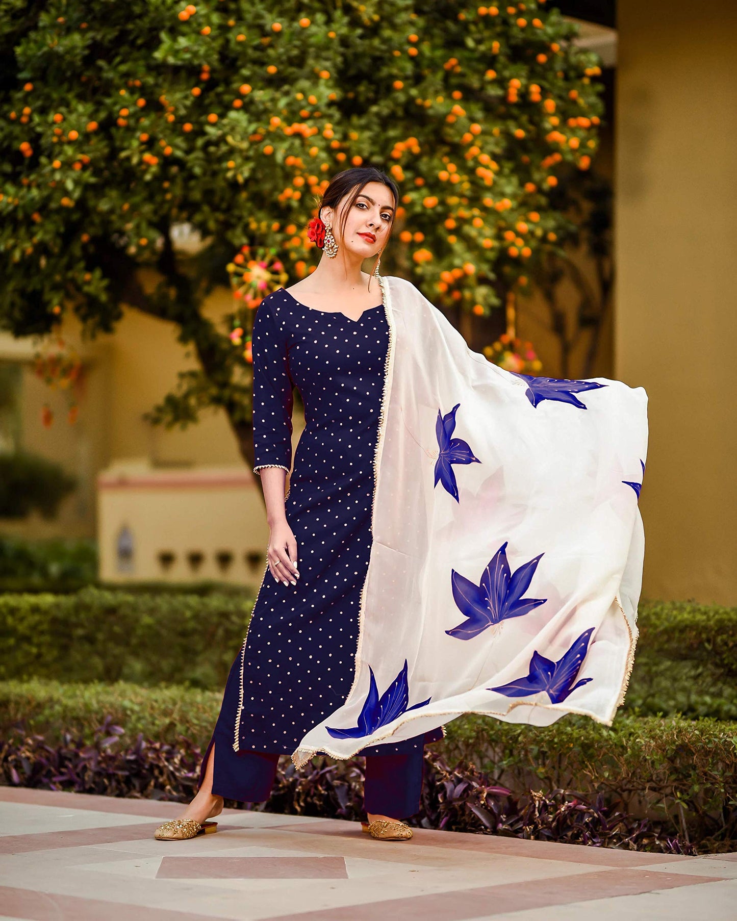 GoSriKi Women's Cotton Blend Floral Printed Straight Kurta with Palazzos & with Dupatta (Rayon-Blue-18-GS)