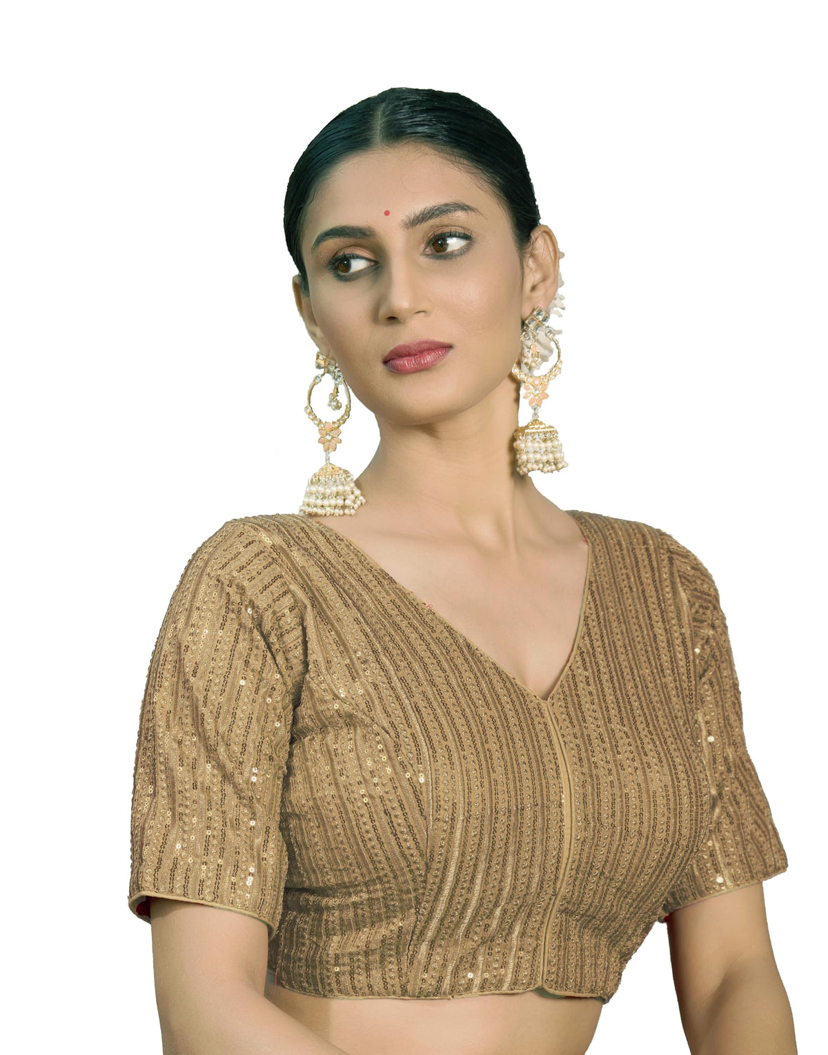 Pujia Mills Womens Indian Ethnic Wear Designer Silver Sequence with Matching Embroidered Work V Neck Half Sleeve Readymade Padd
