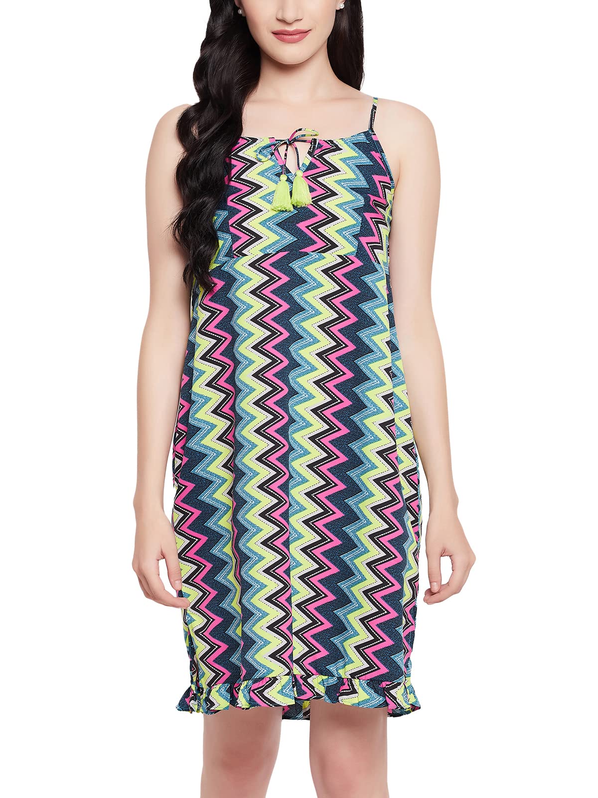 Clovia WomenS Crepe Chevron Print Resort Wear Slip Dress With Ruffles (Rw0055P19_Multi_Xl) Multicolour