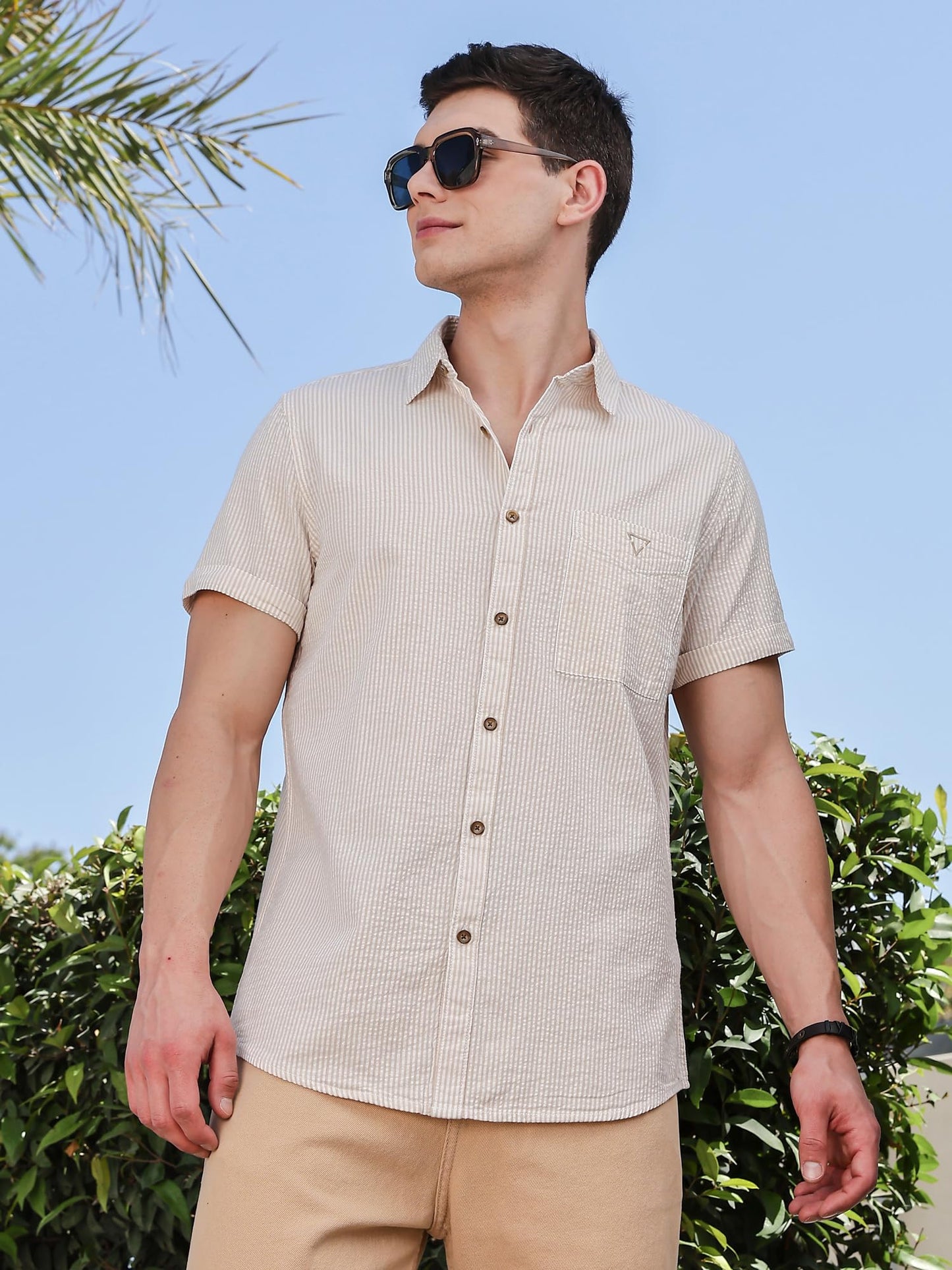 Thomas Scott Slim Fit | 100% Cotton | Short Sleeve | Shirts for Men Beige