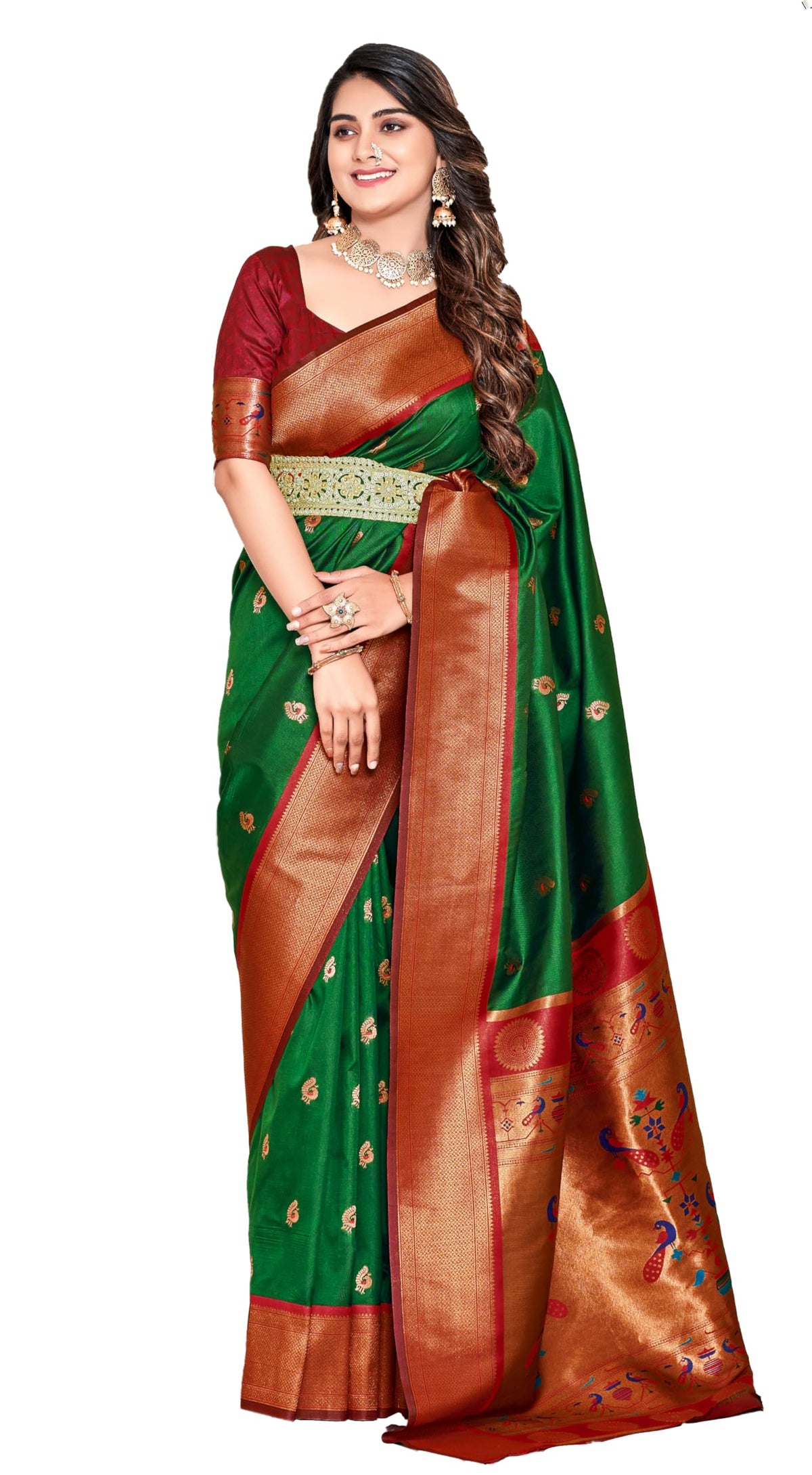Pujia Mills WomenS Banarasi Golden Zari Woven Saree For Wedding South Indian Ethnic Wear Saree Peshwai Woven Zari Pure Paithani