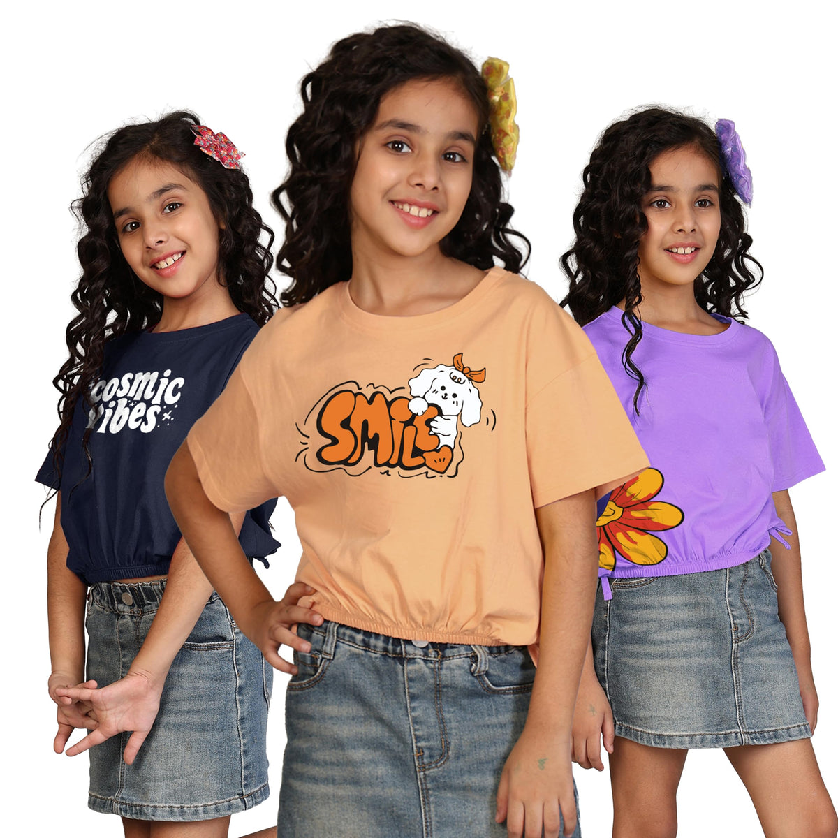 Kyda Kids 100% Cotton Crop Top For Girls - Printed Short Sleeve Stylish Tshirt, Regular Fit Tops For Girl - Pack Of 3