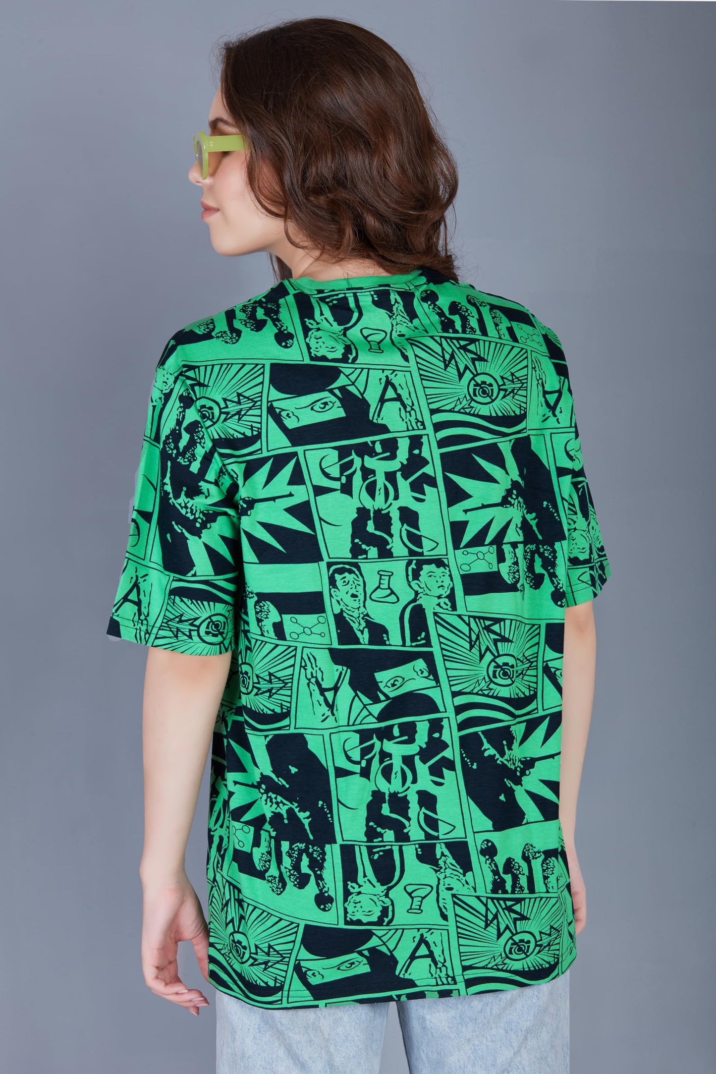 Thalasi Comic All Over Printed Green Anime Oversized T Shirts For Women - Drop Shoulder Loose Fit Cotton T-Shirt - Trending Naru