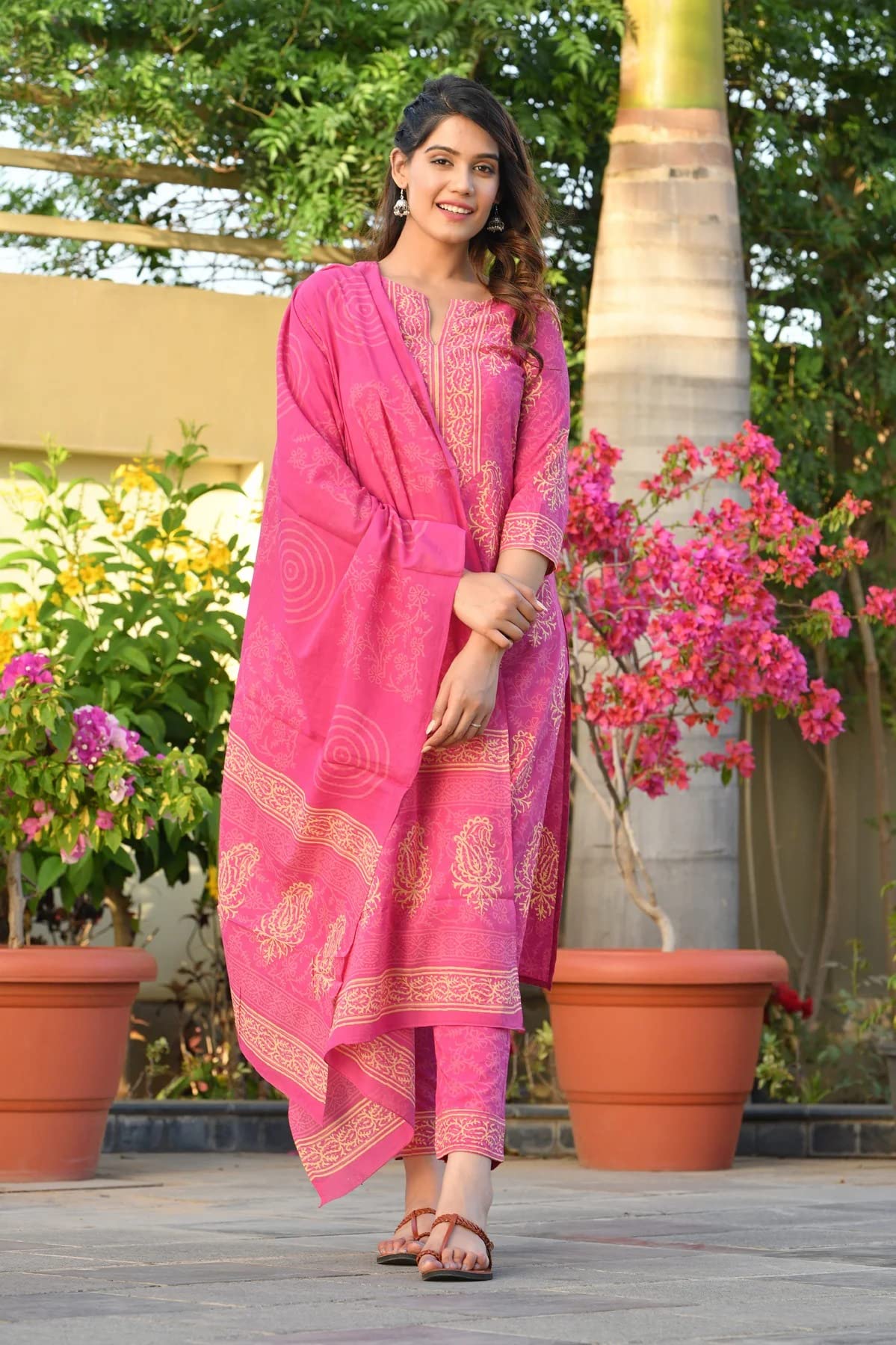 ANNI DESIGNER Women's Rayon Blend Straight Printed Kurta with Pant & Dupatta (OPEN-PINK)