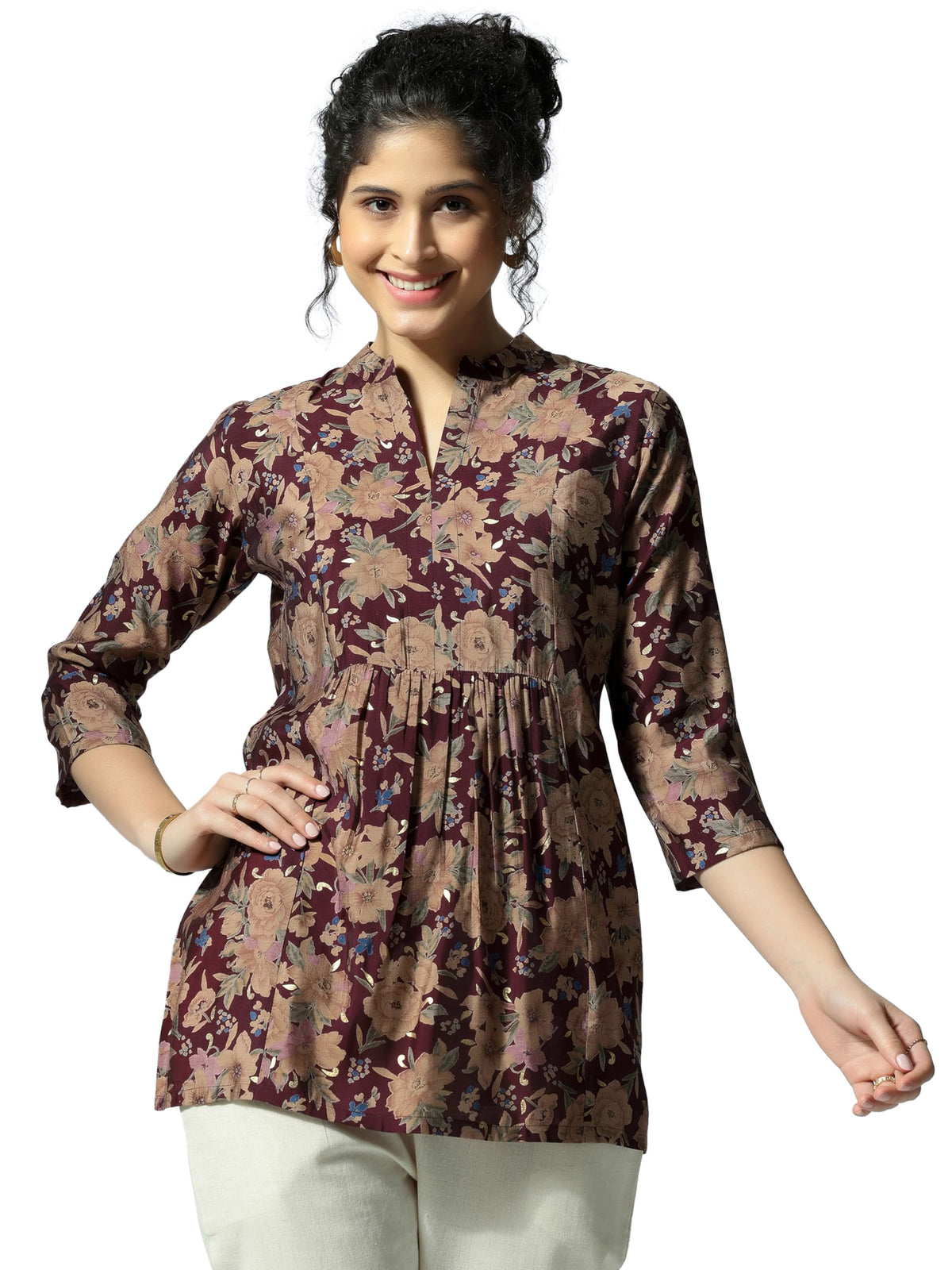 Libas WomenS Silk Blend Floral Straight Kurti (37207 Maroon