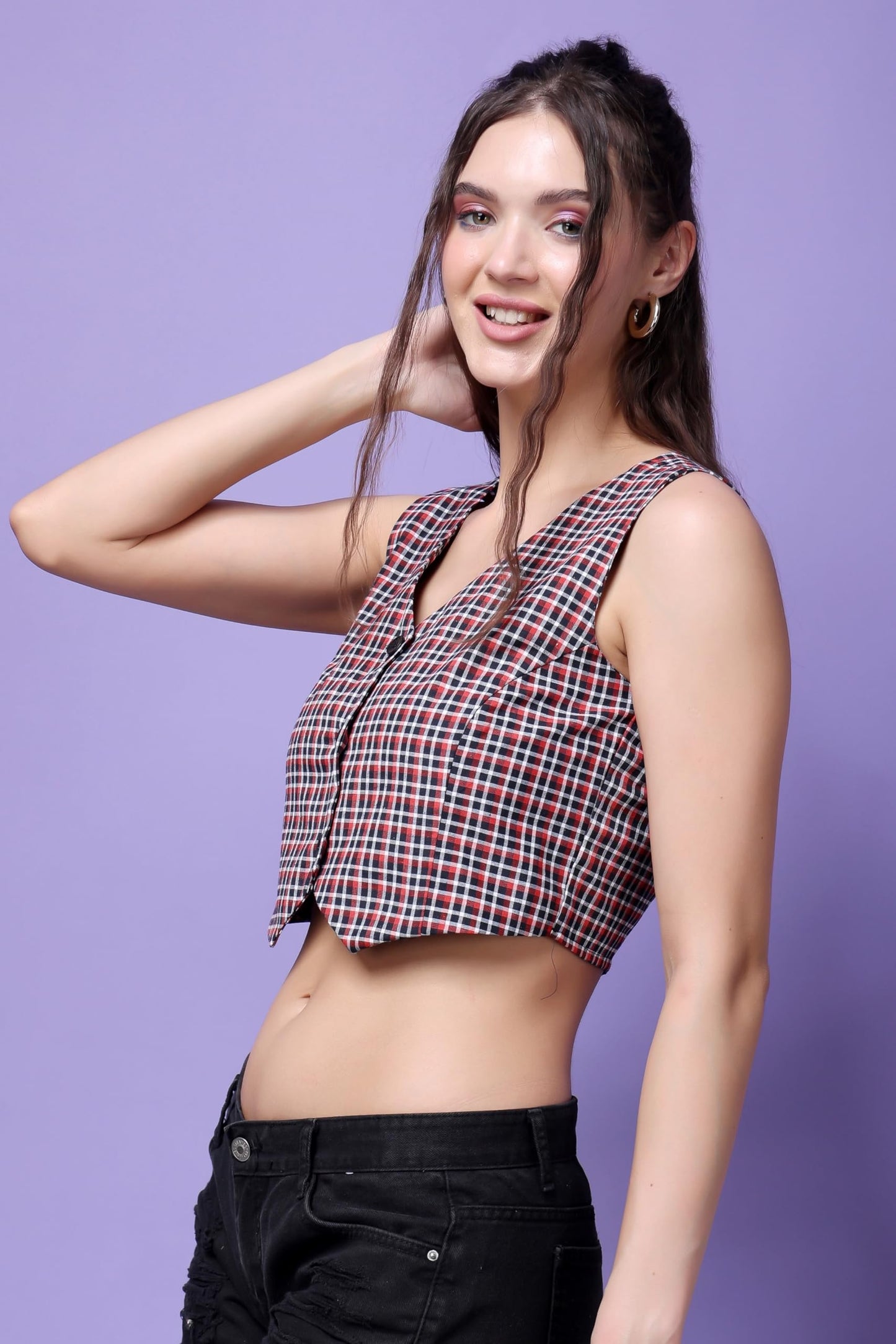 POPWINGS Casual Check Printed V-Neck Sleeveless Button Closure Waistcoat Crop Top for Women || Stylish Western Woman Crop Top fo
