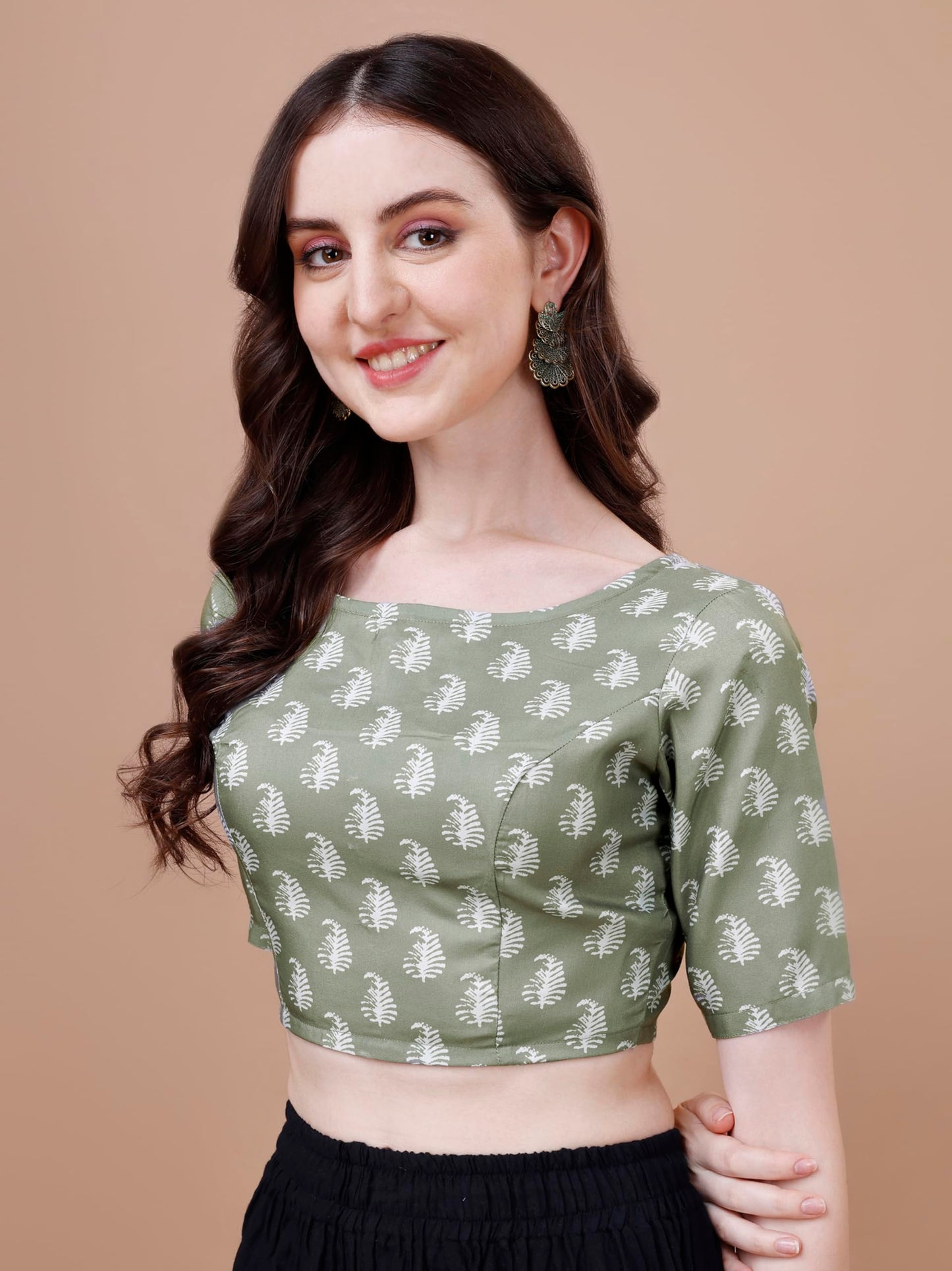 Oomph! WomenS Indian Ethnic Wear Designer Paislay Pattern Boat Neck Half Sleeve Cotton Pista Blouse For Saree Or Lehnga And Blo