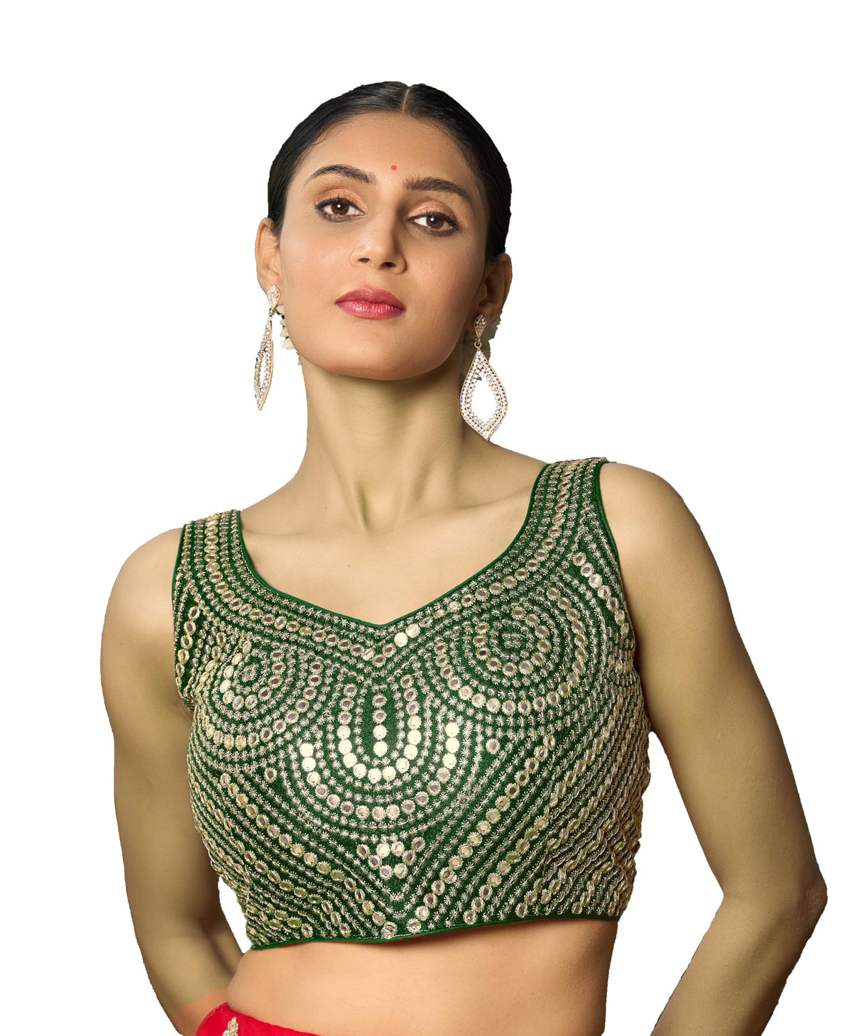 Pujia Mills Fancy WomenS Foil Mirror And Thread Zari Work Sweetheart Neck Silk Sleeveless Blouse (Pc Bindi Foil Parent) (Green,