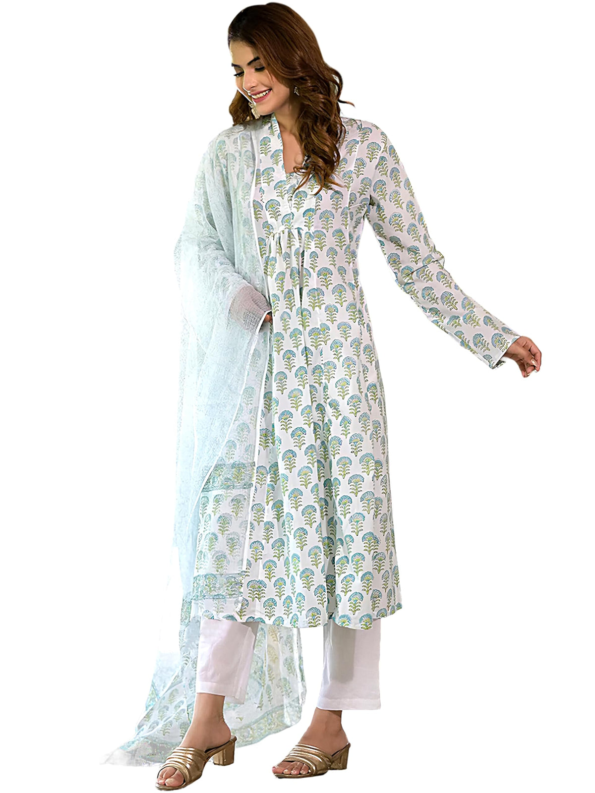 Pinkmint Womens Printed V Neck Muslin Kurta & Straight Pants with Fancy Dupatta l Festive & Celebrations Ethnic Suit Set White