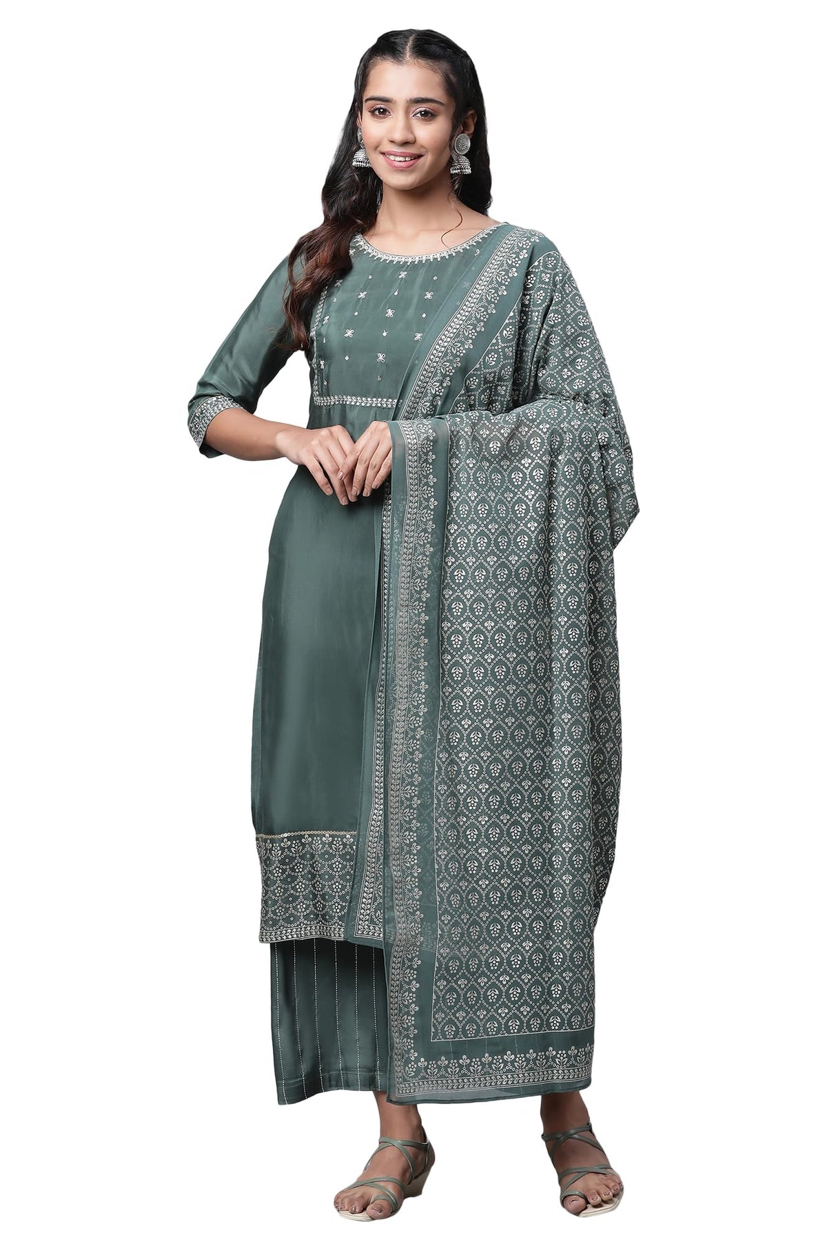 Aurelia Womens Embroidered Straight Kurta Set with Palazzos & Dupatta