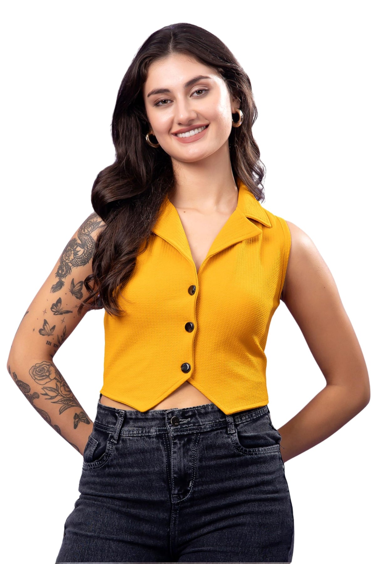 POPWINGS Mustard Solid Button Clousre V Neck Sleeveless Waistcoat Crop Top