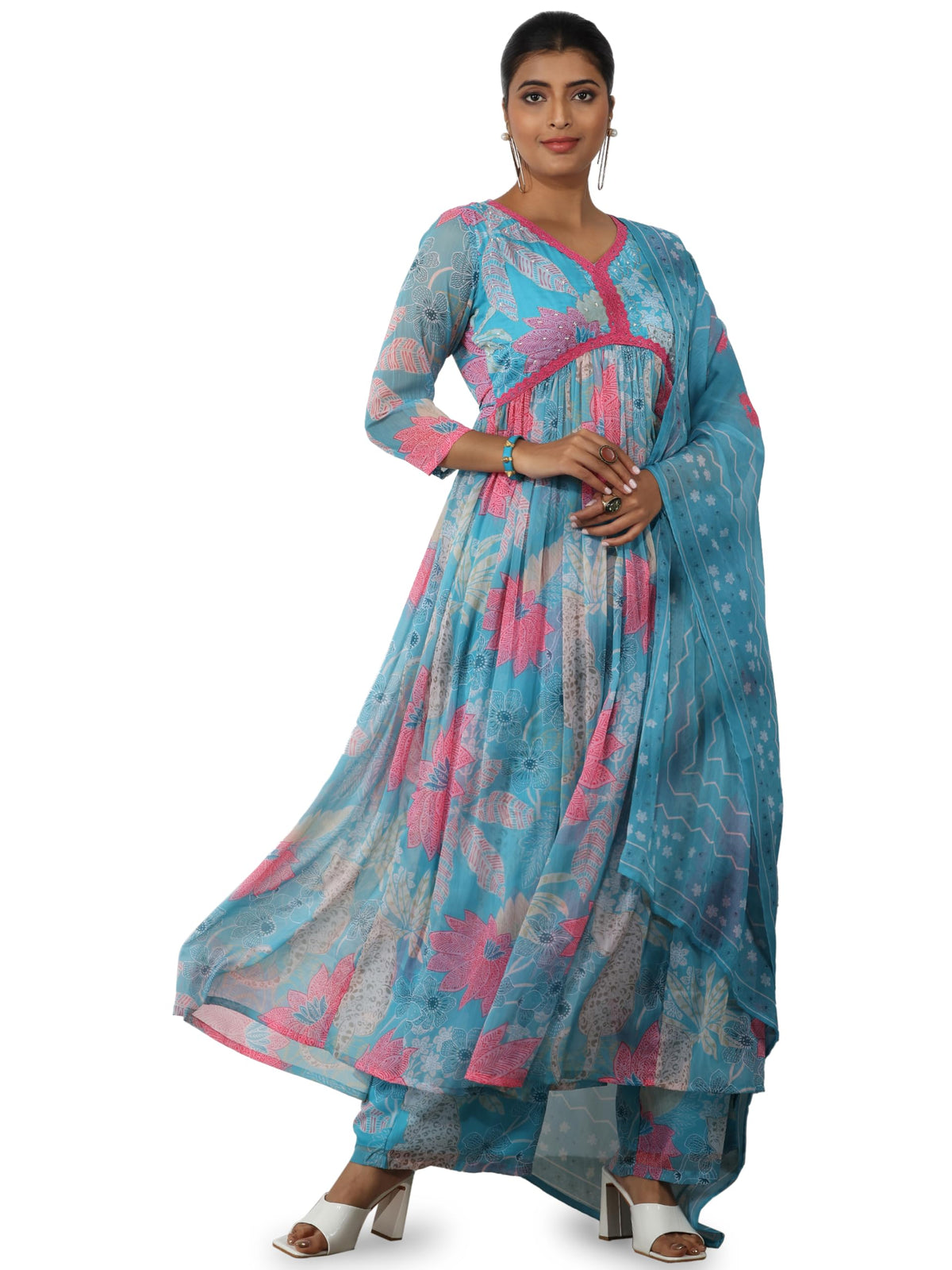 Libas Womens Printed Chiffon A-Line Kurta With Palazzos And Dupatta