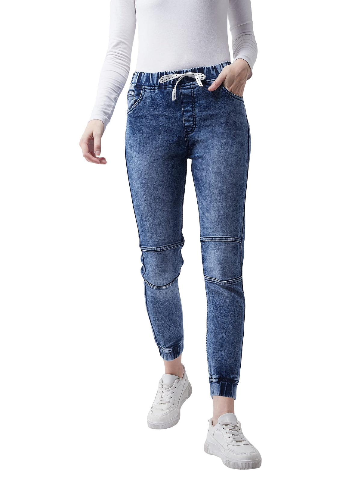 Miss Chase WomenS Blue Relaxed Fit Mid Rise Regular Length Denim Stretchable Jogger Pants With Drawstring Closure (Mcss20Den99-
