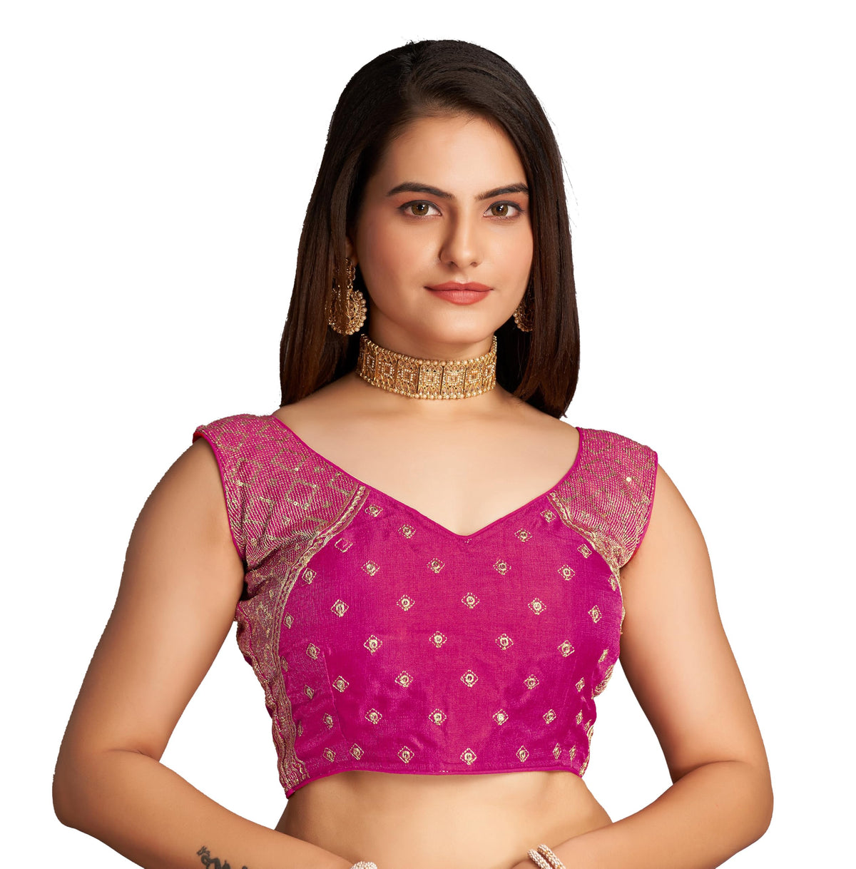 Pujia Mills WomenS Sequin Embroidered V Neck Sleeveless Pink Readymade Saree Blouse Indian Ethnic Stitched Padded Blouses For W