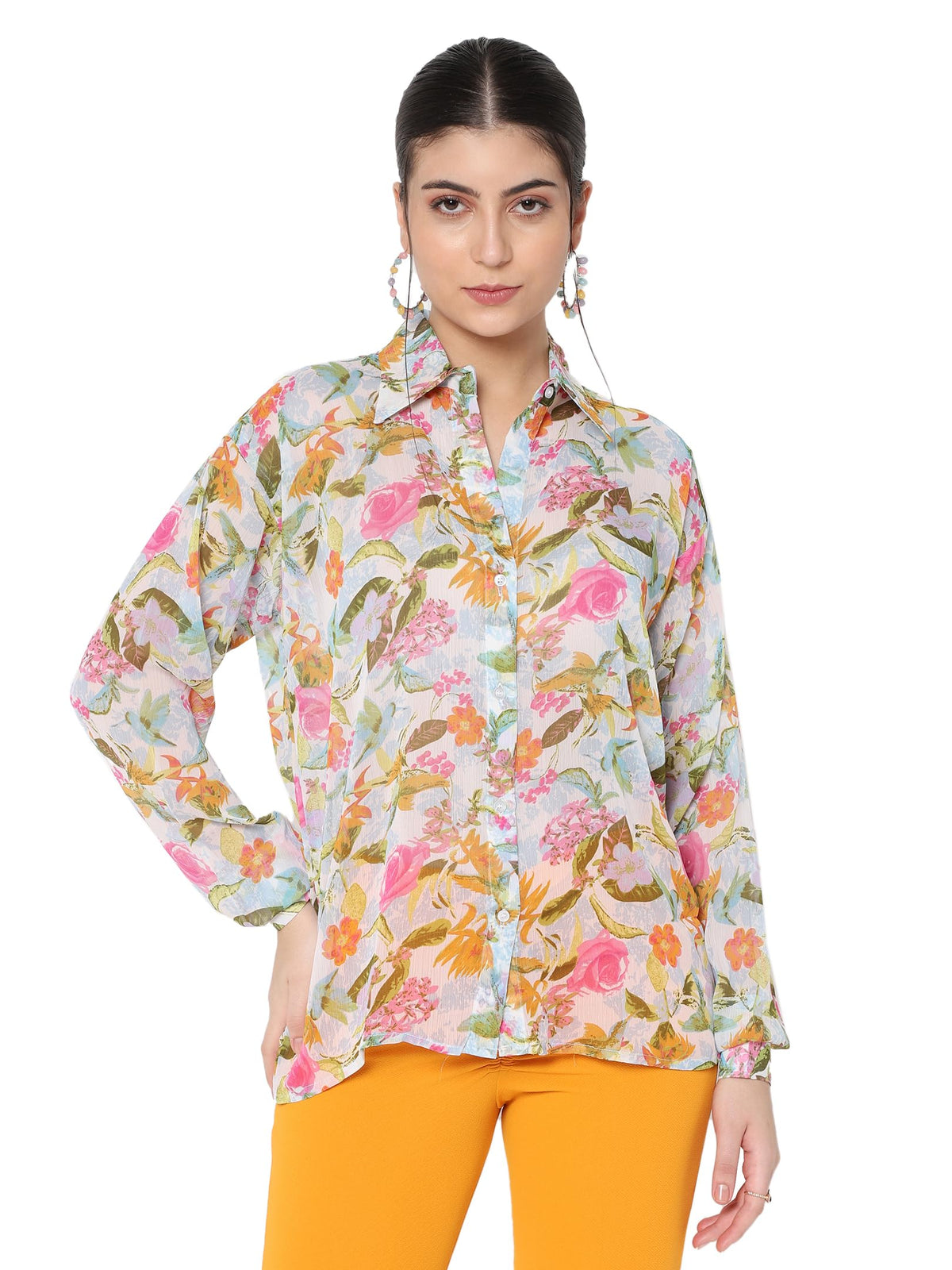 AVANOVA Sky Blue Floral Printed Chiffon Sheer Mesh Button Down Shirt Top Long Sleeve Drop Shoulder Blouse (Shirt 73 Sky Blue Flo