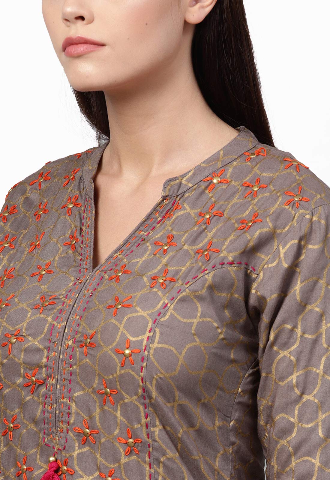 ishin Women's Viscose Rayon A-Line Embroidered Thread Work Floral print Grey Kurta suit set with Palazzo