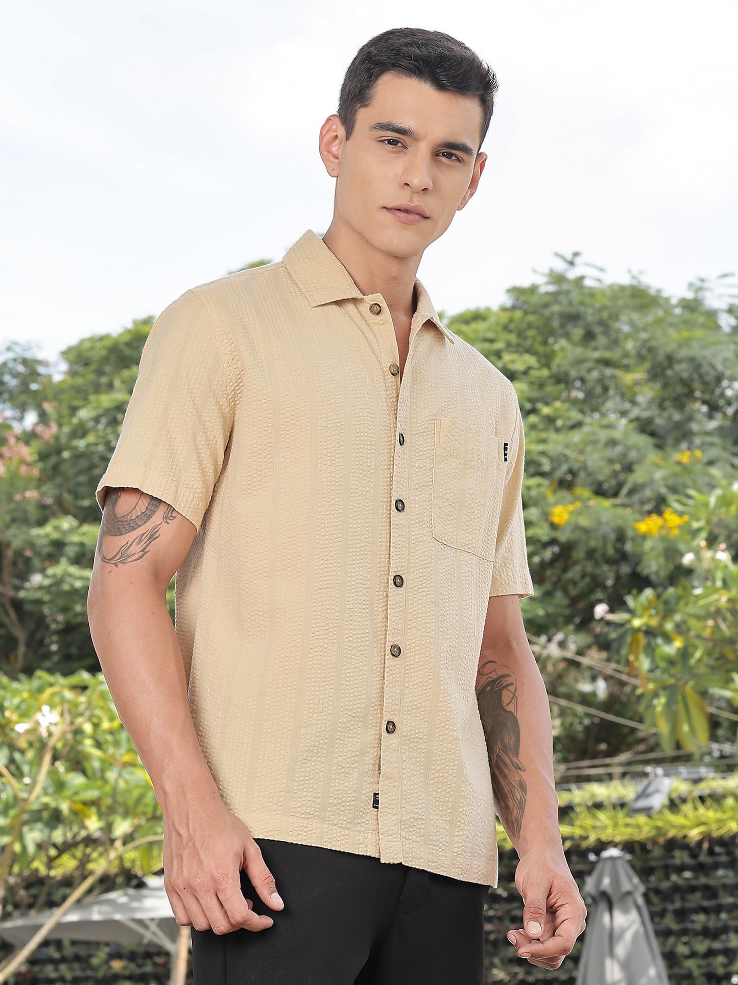 Thomas Scott Mens | Stripes | Seer Sucker Fabric | Spread Collar | Half Sleeve | Casual | Shirts for Men Beige