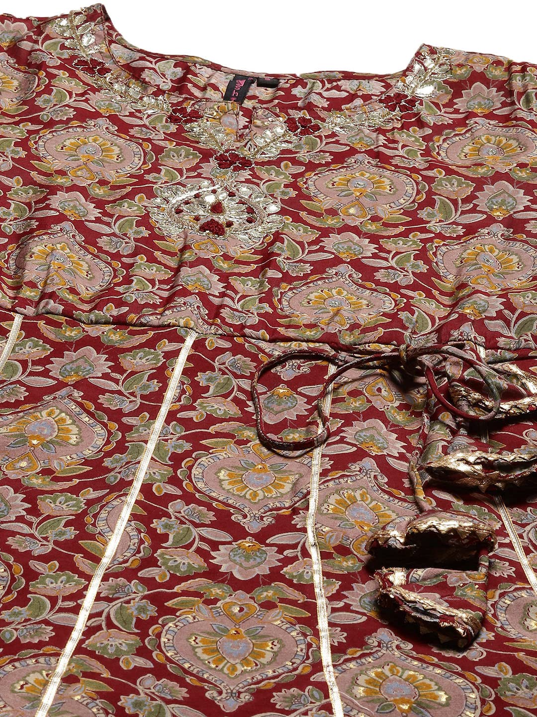 ishin Women's Silk Blend Maroon Embroidered Anarkali Kurta set With Trouser and Dupatta