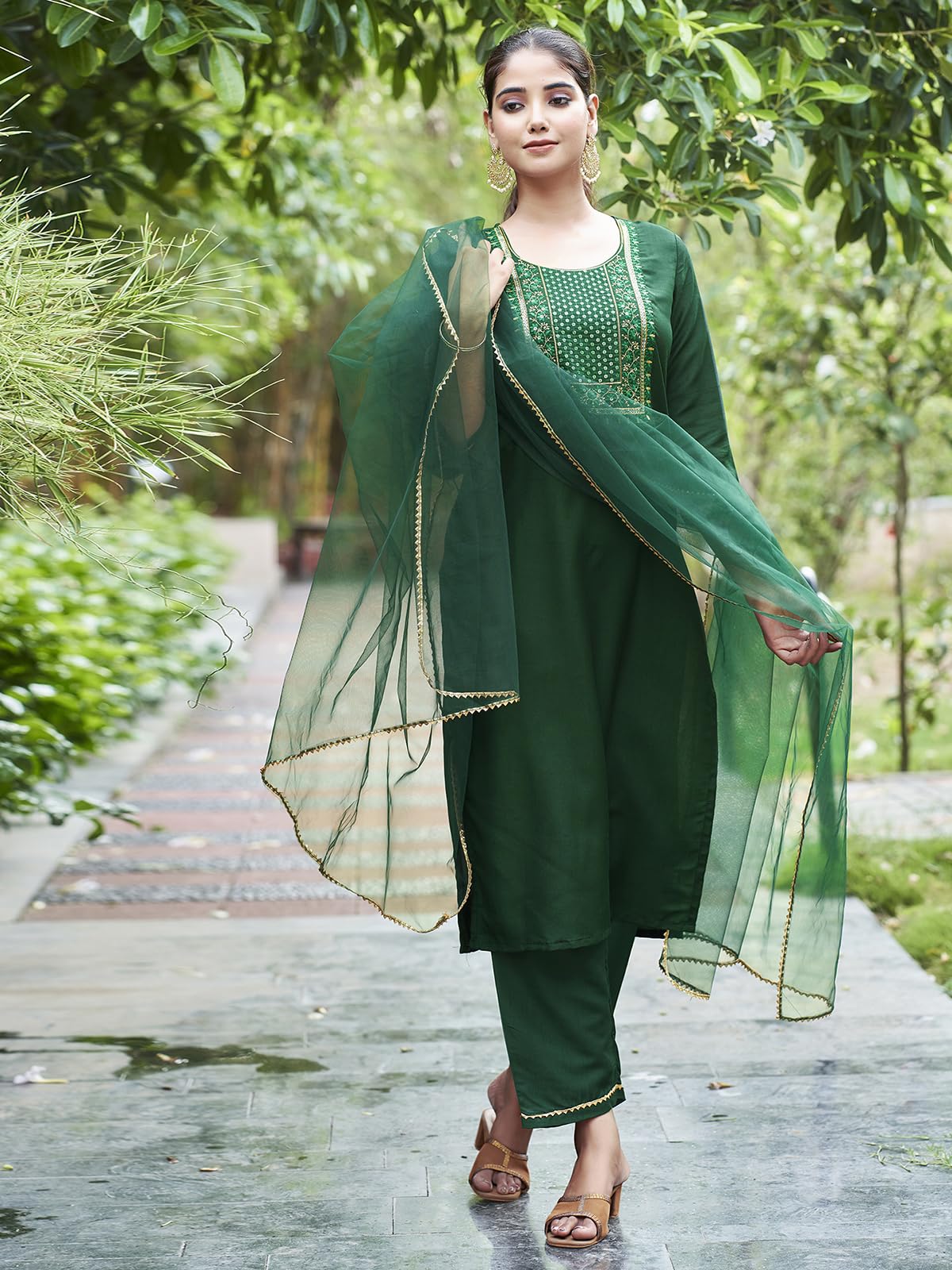 Sanisa Women's Chinnon Sequence Embroidery Straight Kurta with Pant and Dupatta Set