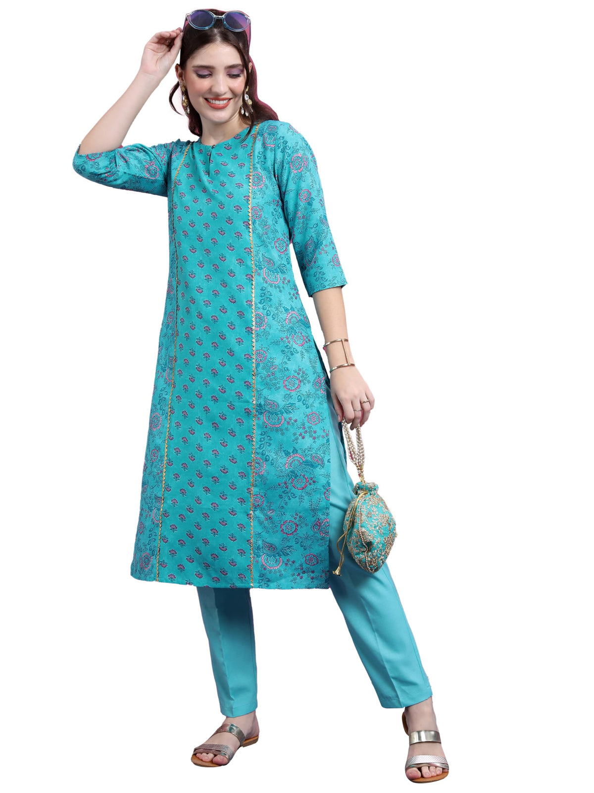 Ketch Women Polyester Regular Fit Kurta (Khku000350_Turquoise Blue, Small