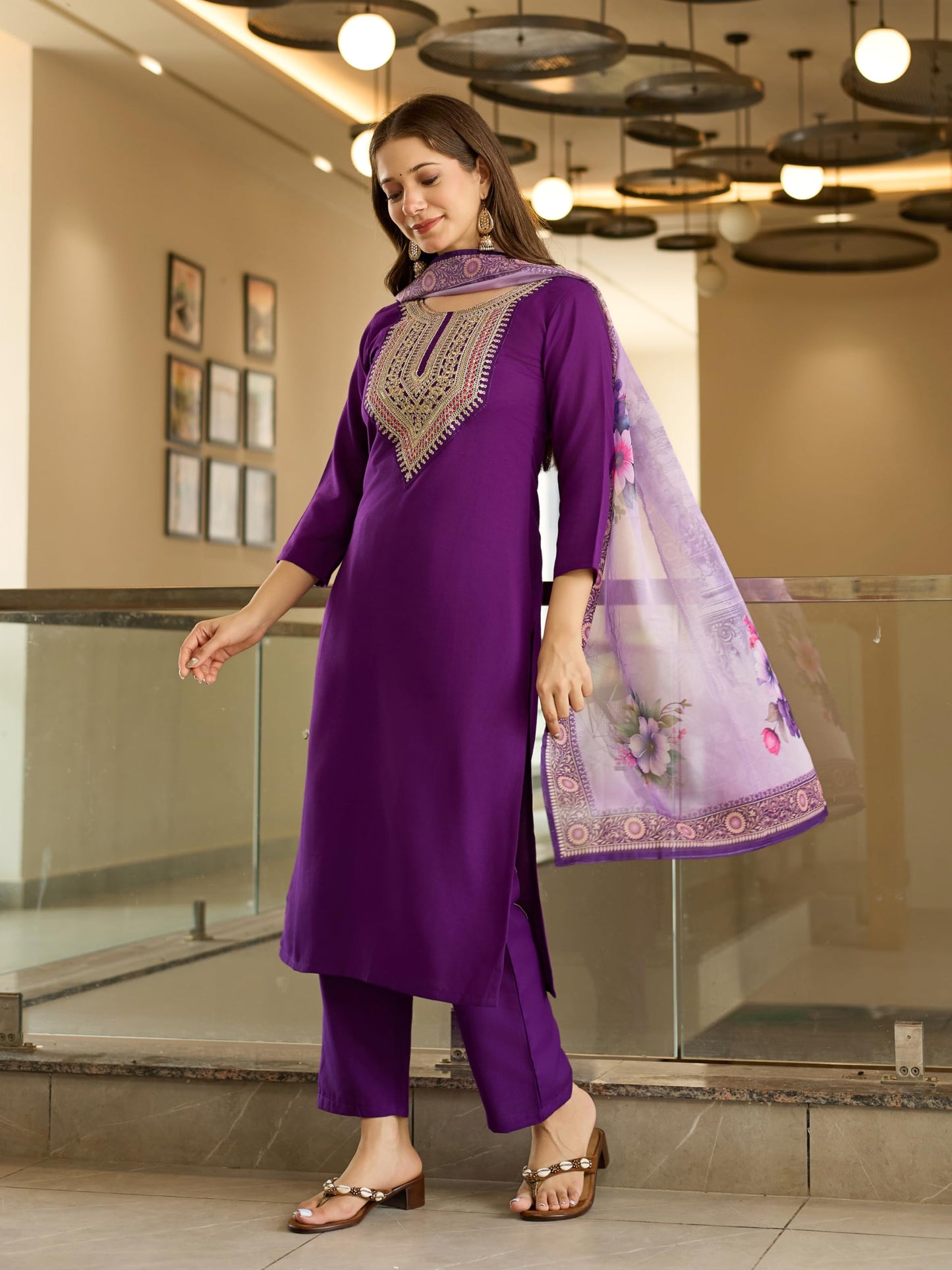 Naixa WomenS Rayon Embroidered Straight Kurta Pant Dupatta Set Ethnic Wear, 3-Piece Set For Wedding And Festival (Nx2-706-Purp