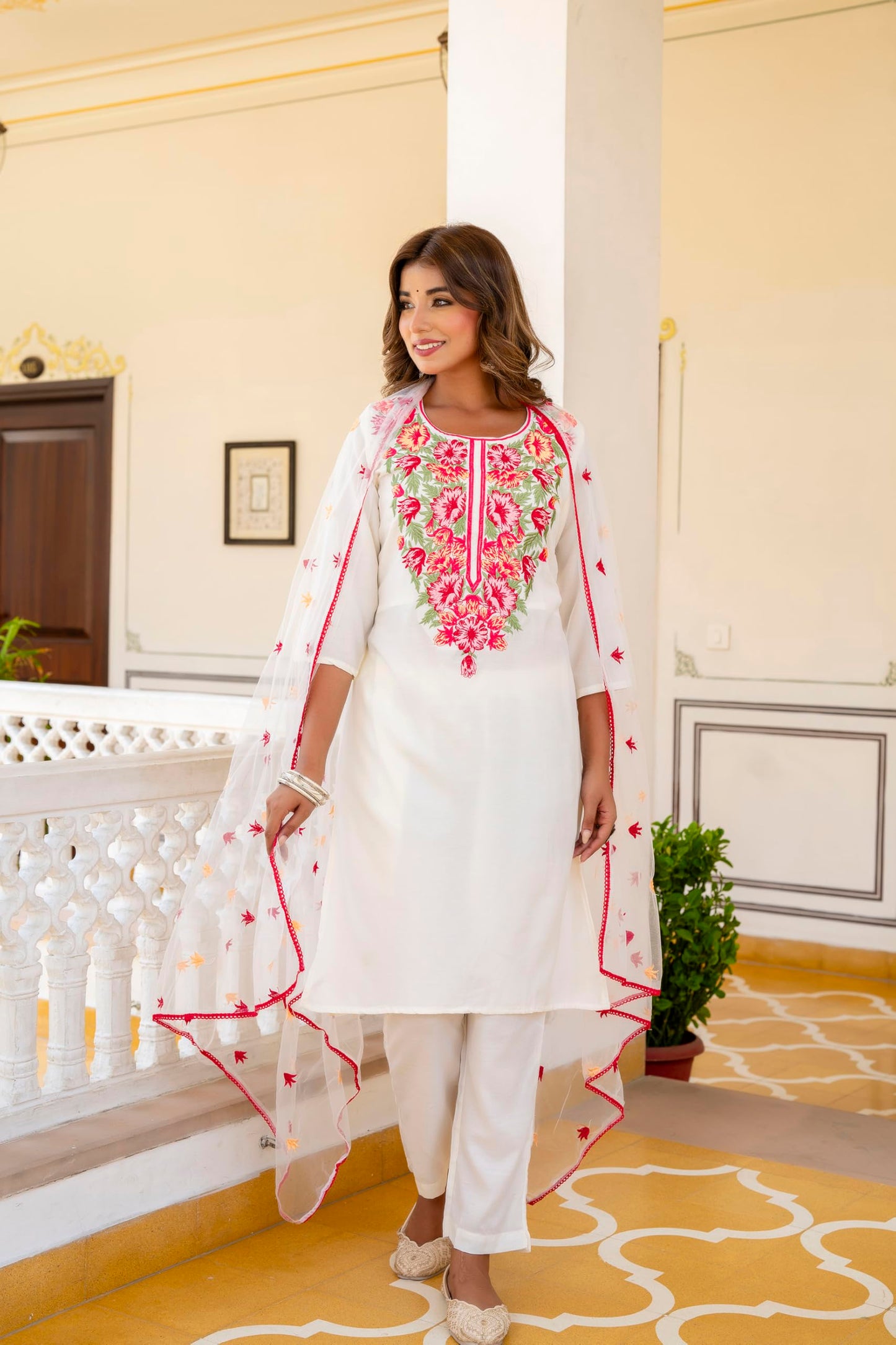 Yashika Women's Cotton Blend Embroidered Set: This Elegant Ensemble For Special & Casual Wear, Includes A Straight Kurta Pant With Dupatta Set