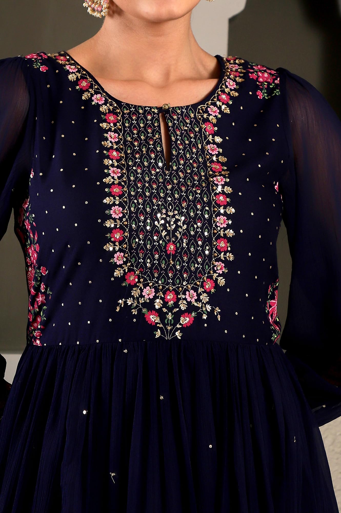 W Blue Floral Printed Synthetic Maxi Dress With Sequins For Women