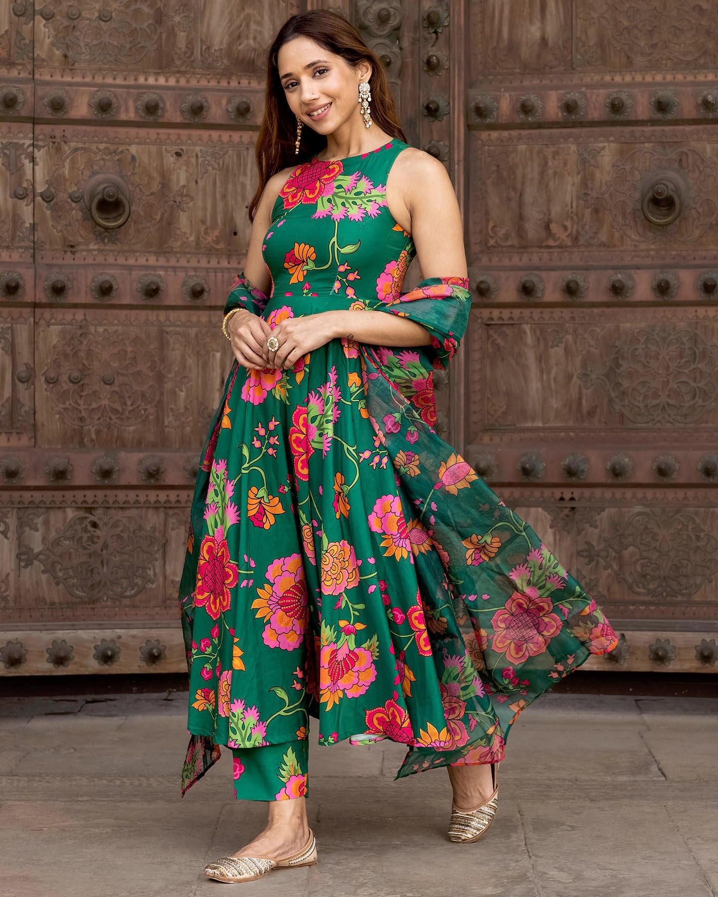 Gosriki WomenS Cotton Blend Printed Anarkali Kurta With Pant & Dupatta (Tanujashri Green-Gs_L_Green_Large)