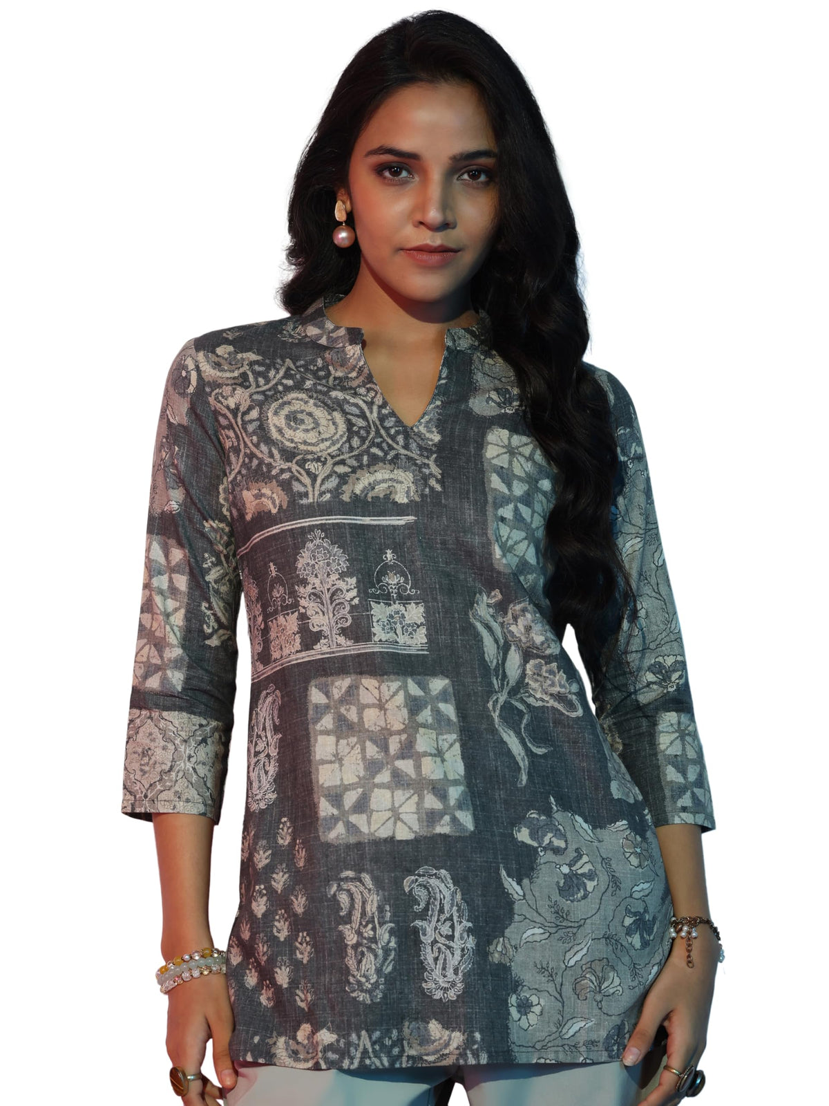 Libas WomenS Linen Floral Straight Kurti (58163_Grey