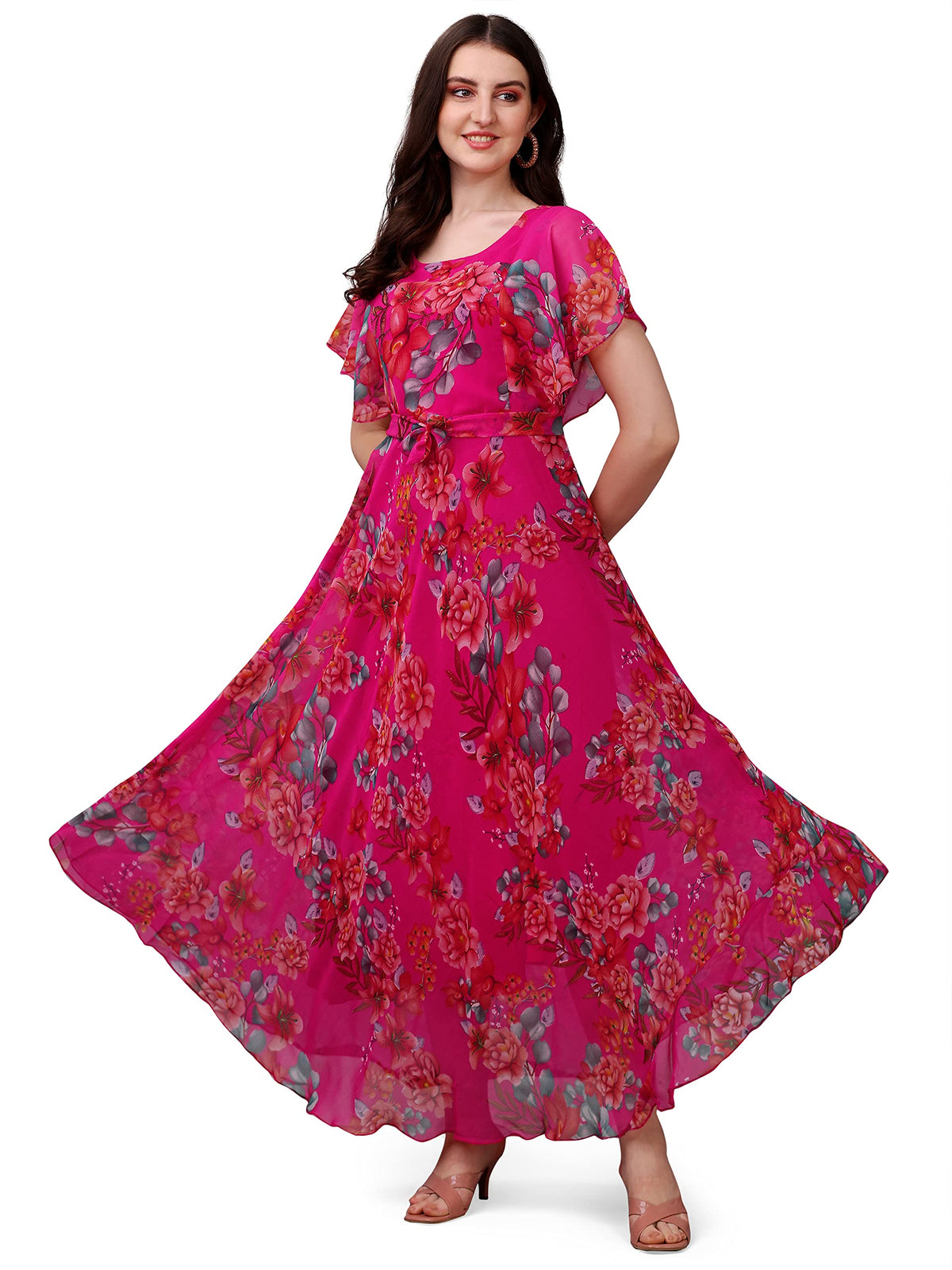 Trillmixa WomenS Georgette Floral Maxi-Length Dress(T_Flower) Pink