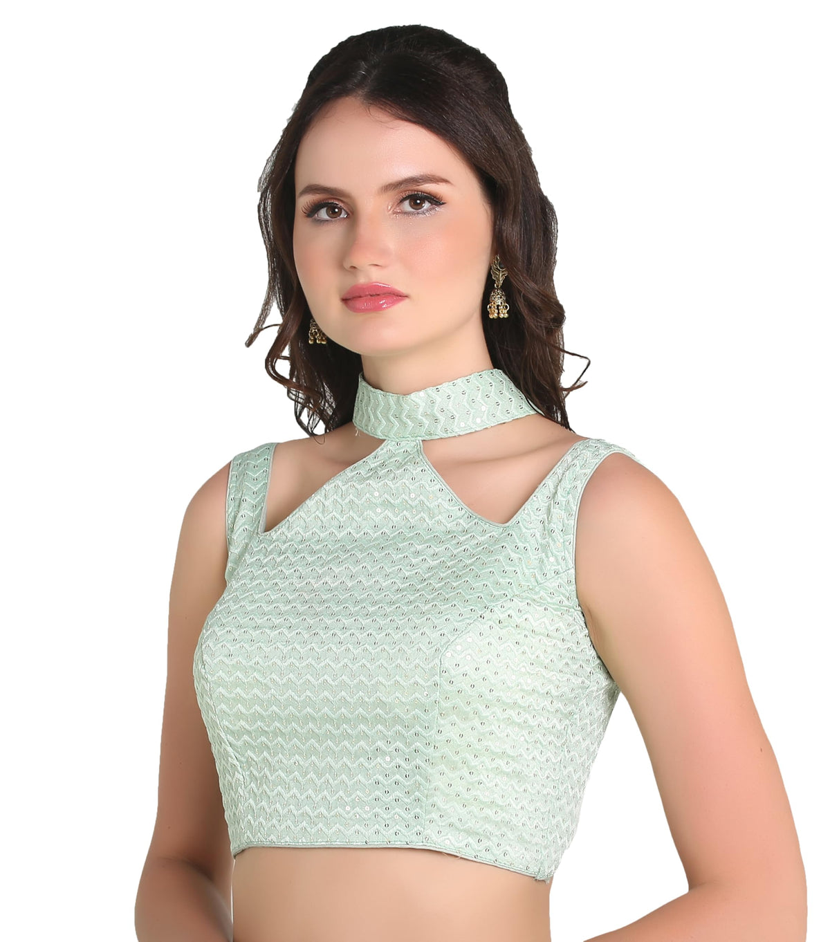 Pujia Mills Womans Readymade Sleeveless Pista Blouse Halter Neck with String Pattern Backless Ethnic wear Pattern Choli Blouse