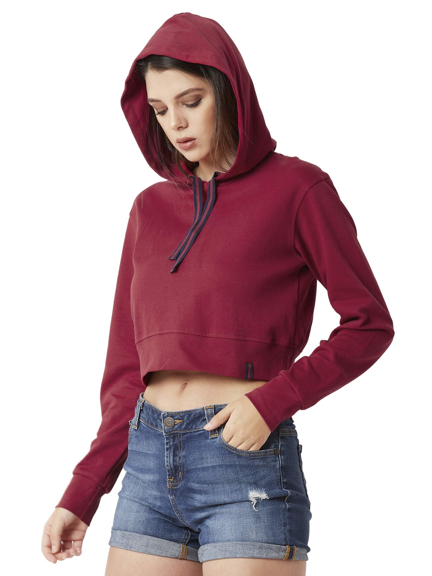 Miss Chase WomenS Maroon Hooded Crop Sweatshirt(Mcaw18Swt01-29-143-06_Maroon_X-Large)