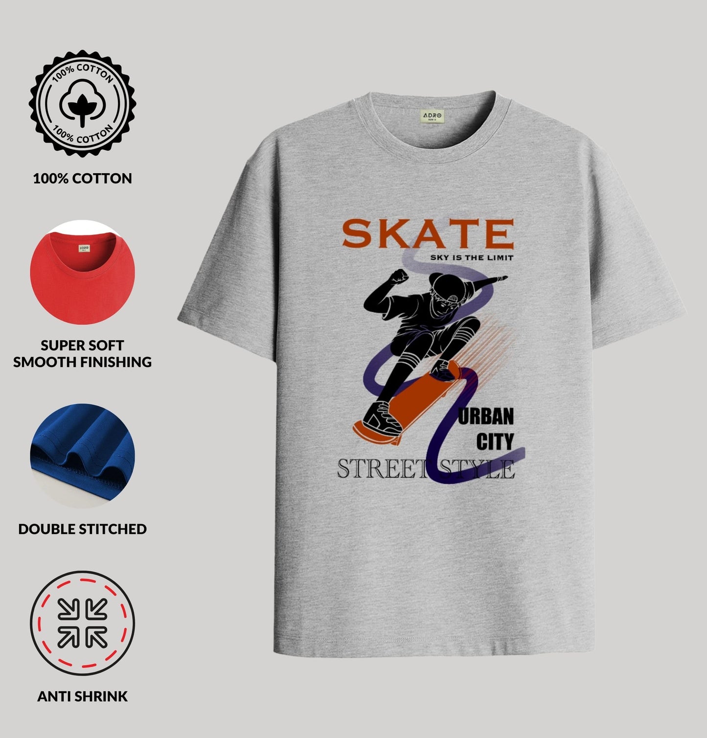 ADRO T Shirts for Boys & Girls | Skate Street Style Printed T-Shirt | Ages 3-14 | 100% Cotton Round Neck Tshirt for Boys |KRN-L2