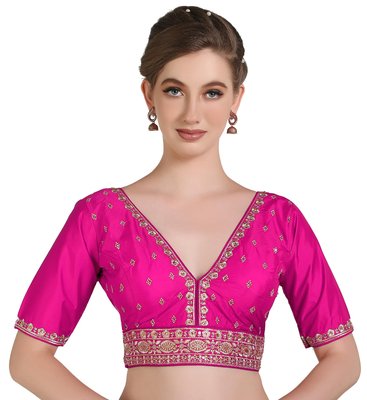 Pujia Mills Woman Readymade Ethnic Wear Deep V Neck Classic Butti Design Half Sleeve Mehendi Green Online Embroidery Zari Work B