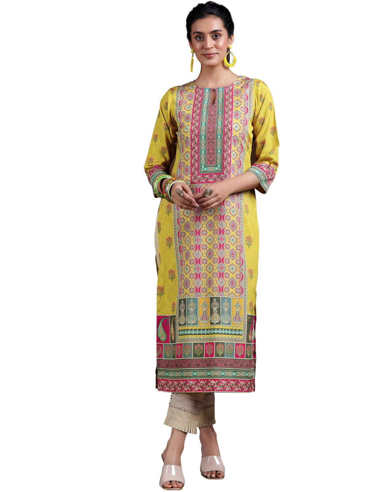 Libas WomenS Crepe Ethnic Motifs Straight Kurta (292590R Mustard