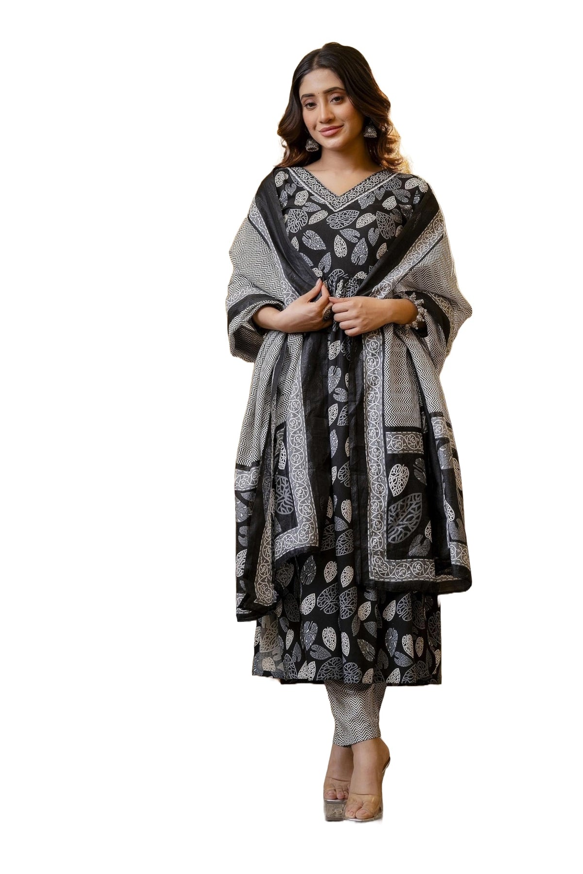 LookMark Womens Printed Cotton Blend Lace A-Line Kurta Pant Dupatta Set - Ethnic Elegance for Every Occasion! Experience Comfor