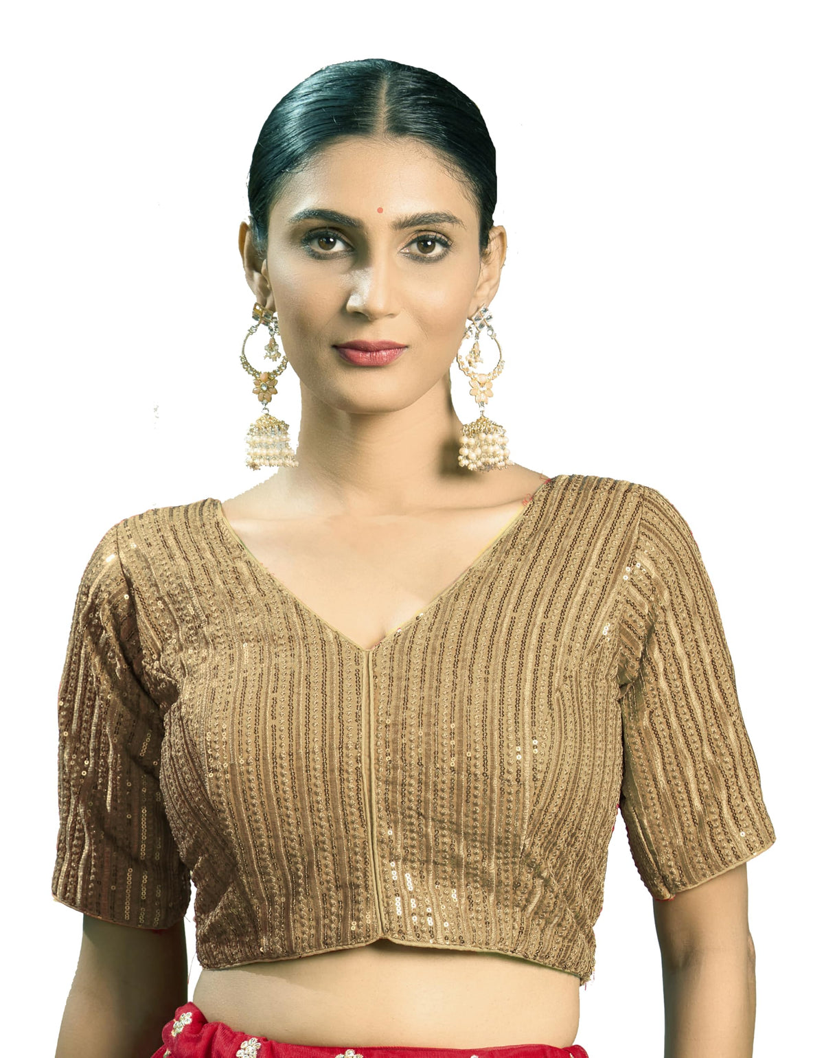 Pujia Mills Womens Indian Ethnic Wear Designer Silver Sequence with Matching Embroidered Work Deep V Neck Half Sleeve Readymade